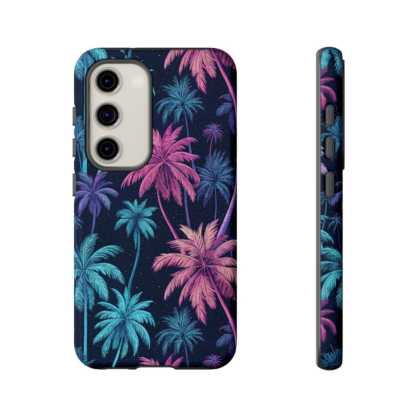 Colorful Neon Palm Tree phone case with vibrant pink and blue palm trees on a dark background for Samsung Galaxy phones.