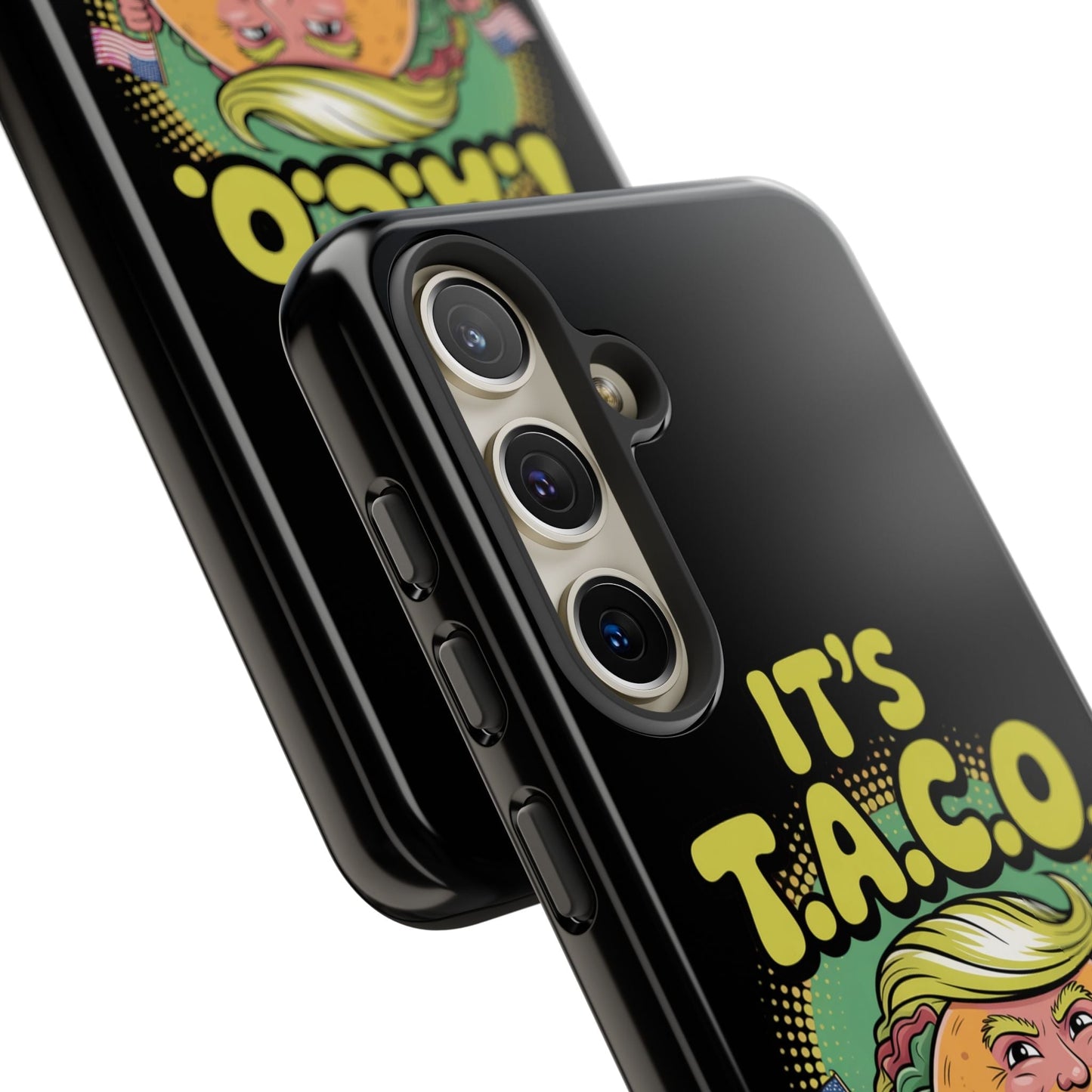 Samsung phone case with humorous TACO Tuesday political satire design and 3D vibrant print featuring a taco character.