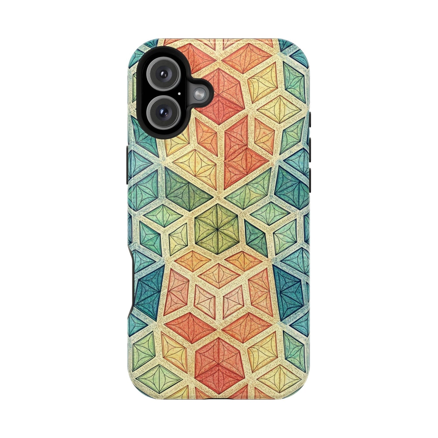 Colorful fractal iPhone case with geometric pattern and magnetic tough design