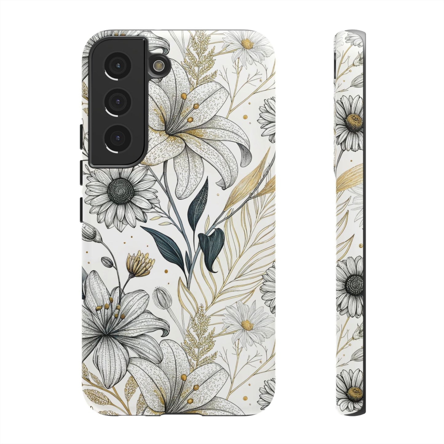 Samsung tough case with golden leaf minimalist floral design and durable protection
