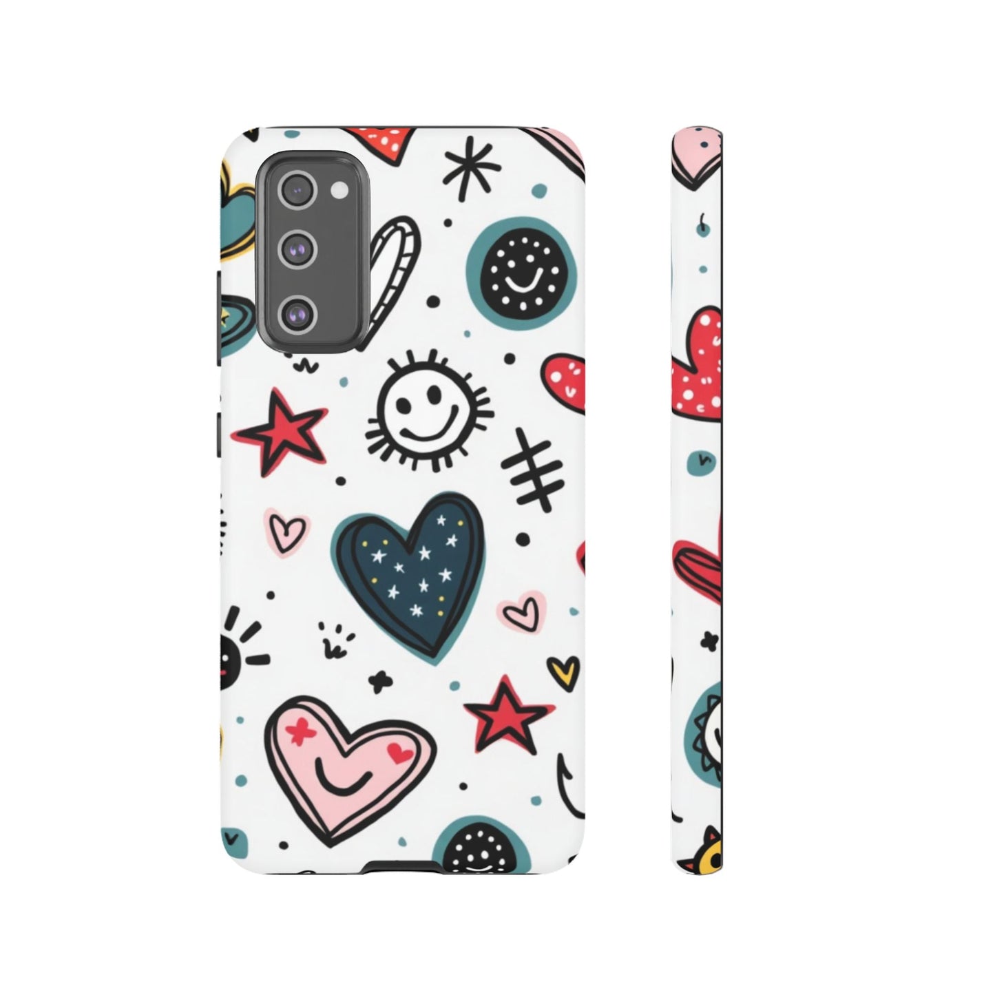 Samsung Tough Phone Case with playful smiles and hearts design, durable and shock-absorbent protection for Samsung Galaxy models