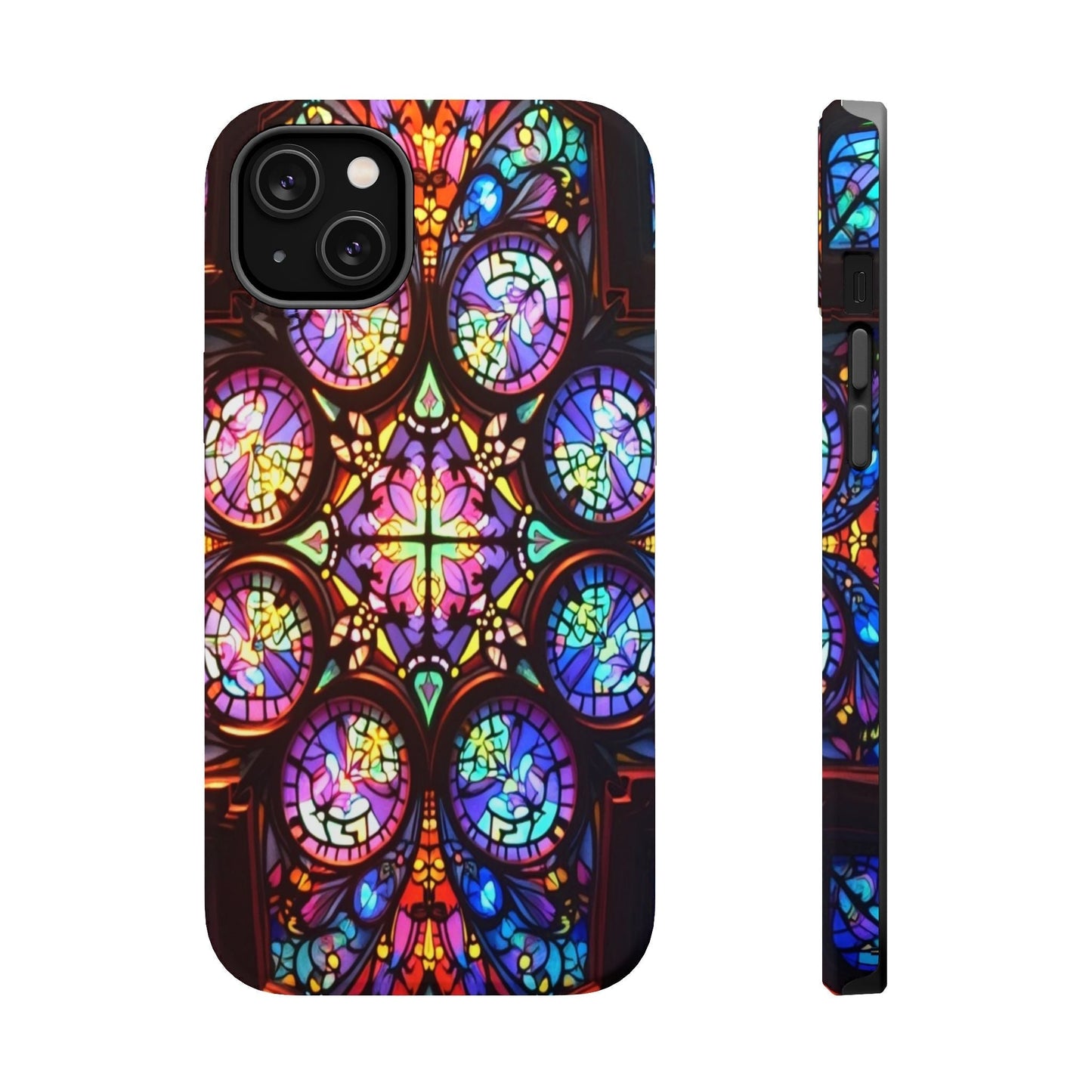 Colorful hypnotic stained glass pattern on durable iPhone tough case with MagSafe compatibility