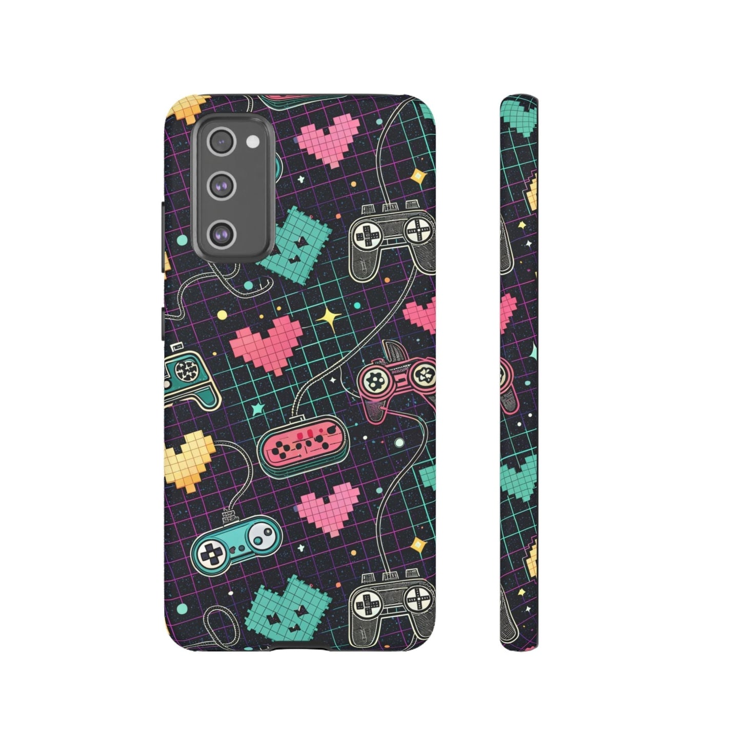 Retro Gamer Tough Case for Samsung Galaxy with pixel hearts and vintage game controllers design, durable and impact-resistant phone cover