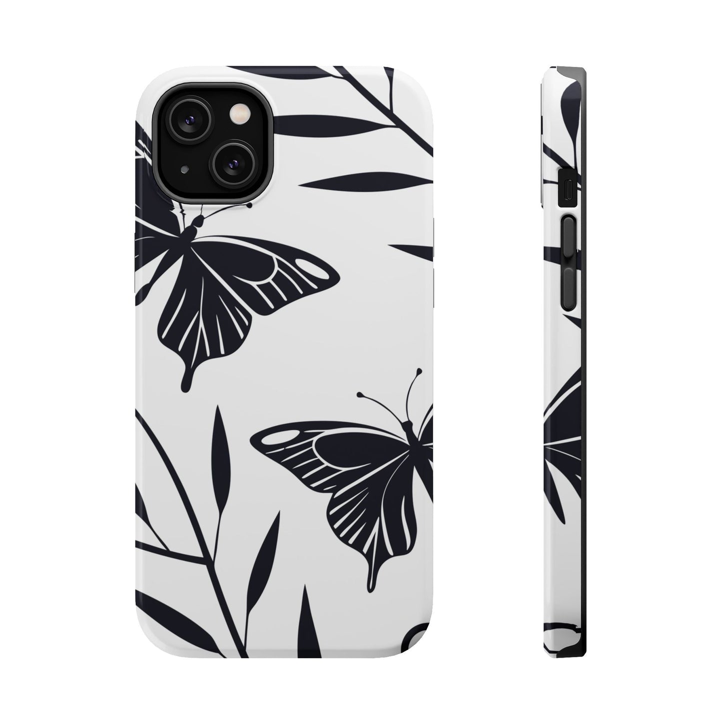 Black and white minimalist iPhone case with butterfly design and MagSafe compatibility
