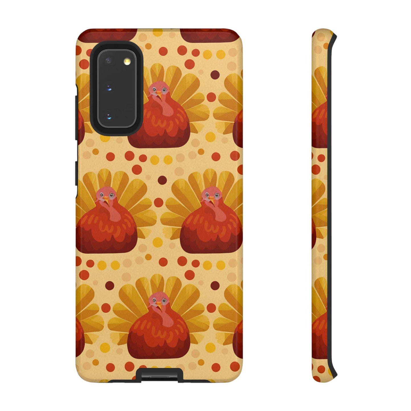 Samsung phone case with festive cartoon turkey pattern in warm autumn colors, durable dual-layer protection, and wireless charging compatible