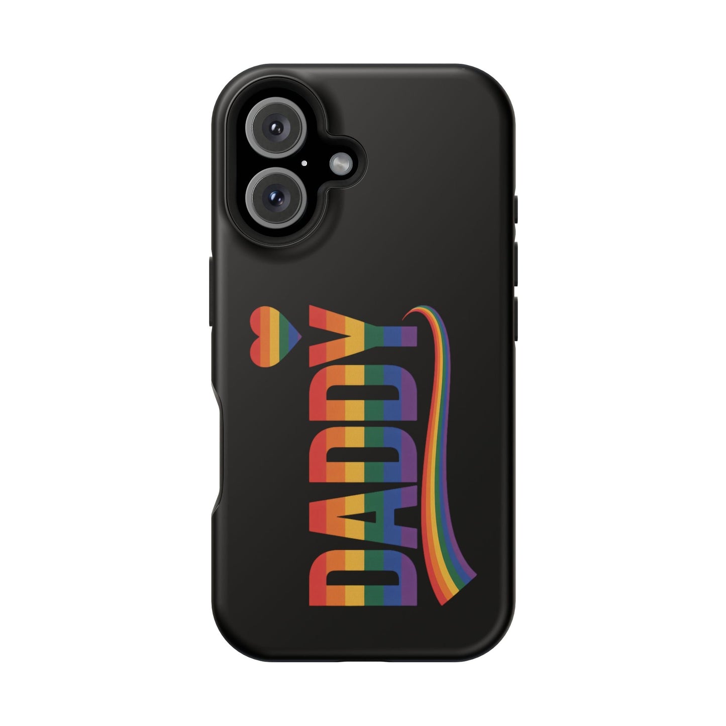 Black iPhone tough case with colorful Fun Daddy LGBT Daddy rainbow design and built-in MagSafe magnet.