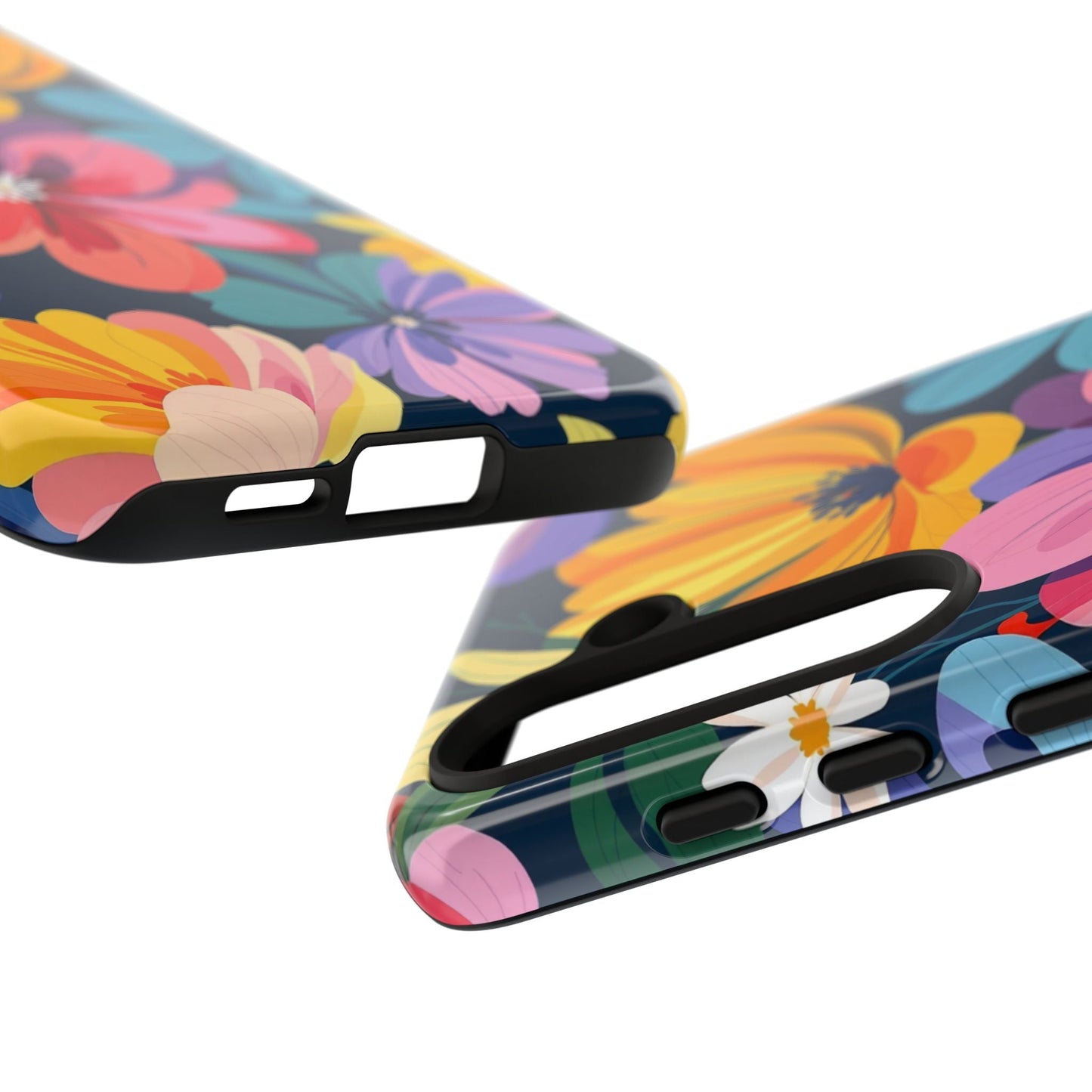 Close-up of a colorful floral Samsung phone case with vibrant flower design and black edges