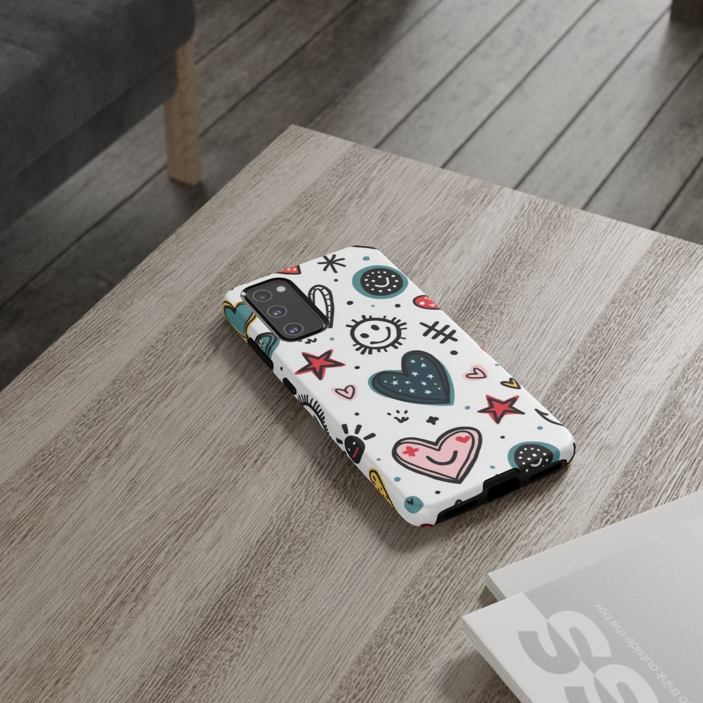 Samsung phone case with colorful smiles and hearts design, durable and shock-absorbent protection for Samsung Galaxy models.