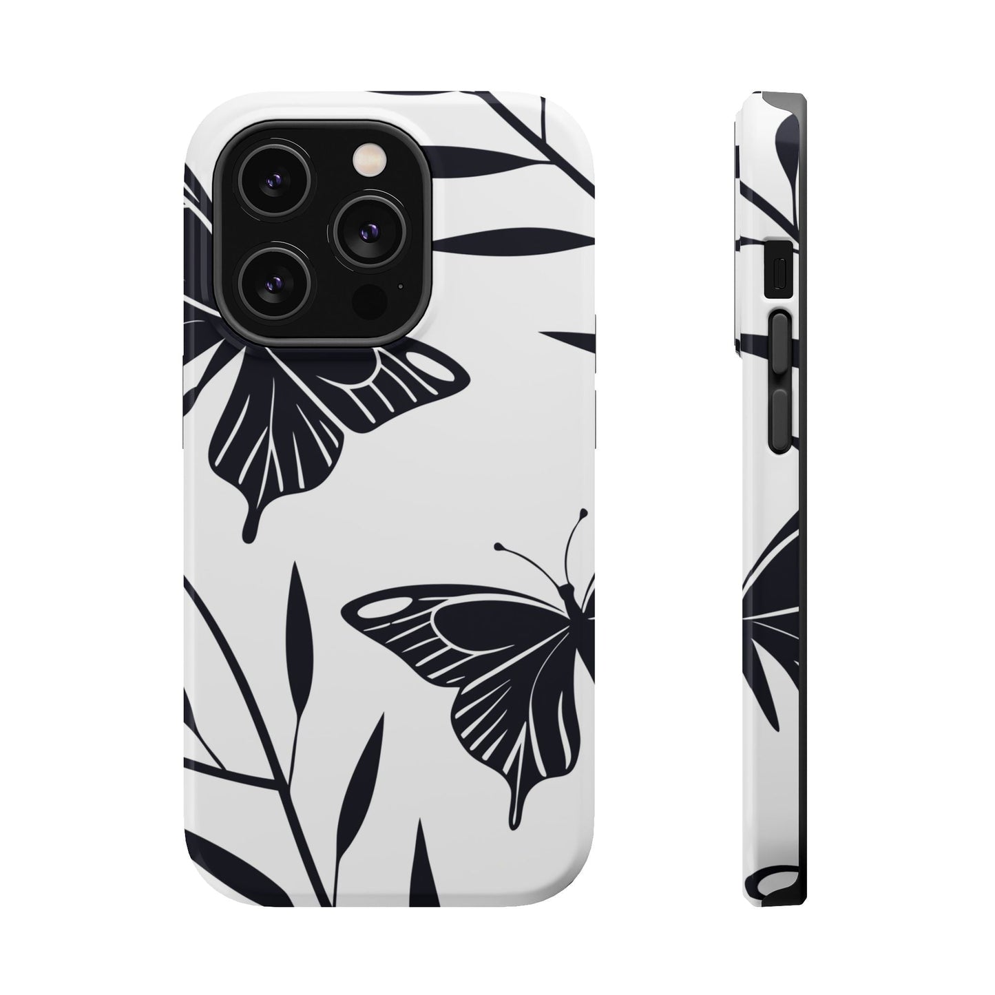 Black and white minimalist butterfly design iPhone case with durable dual-layer protection and MagSafe compatibility