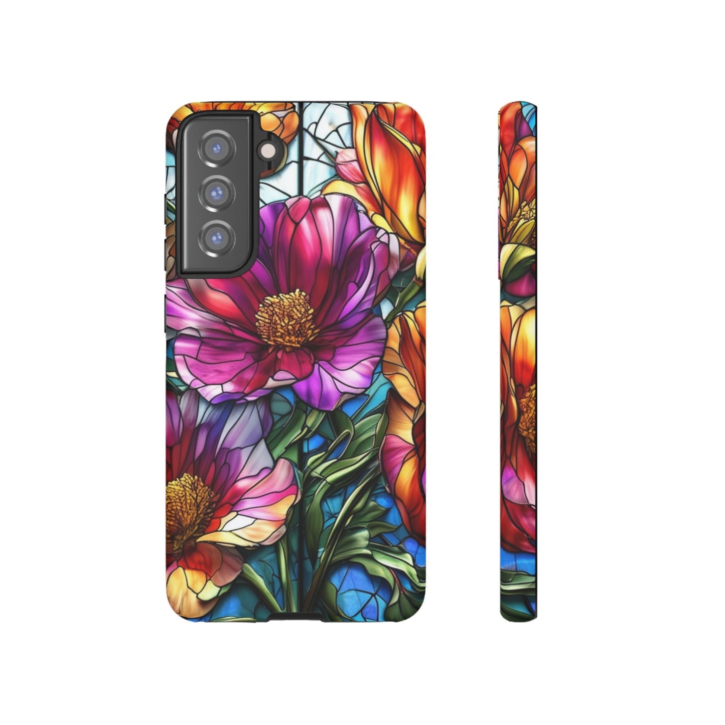 Samsung phone case with vibrant purple flower design, durable impact-resistant protection, and UV coating