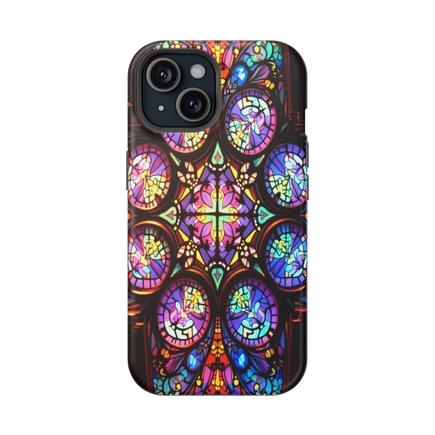 Colorful hypnotic stained glass design iPhone tough case with durable dual-layer protection and MagSafe compatibility.