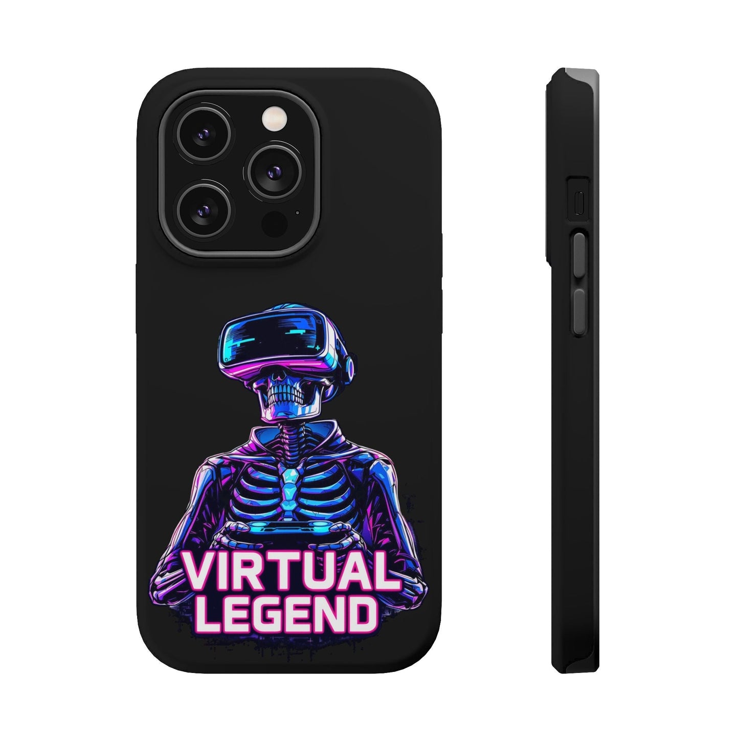 Virtual Legend Gamer iPhone tough case with vibrant skeleton wearing VR headset design and matte black finish.