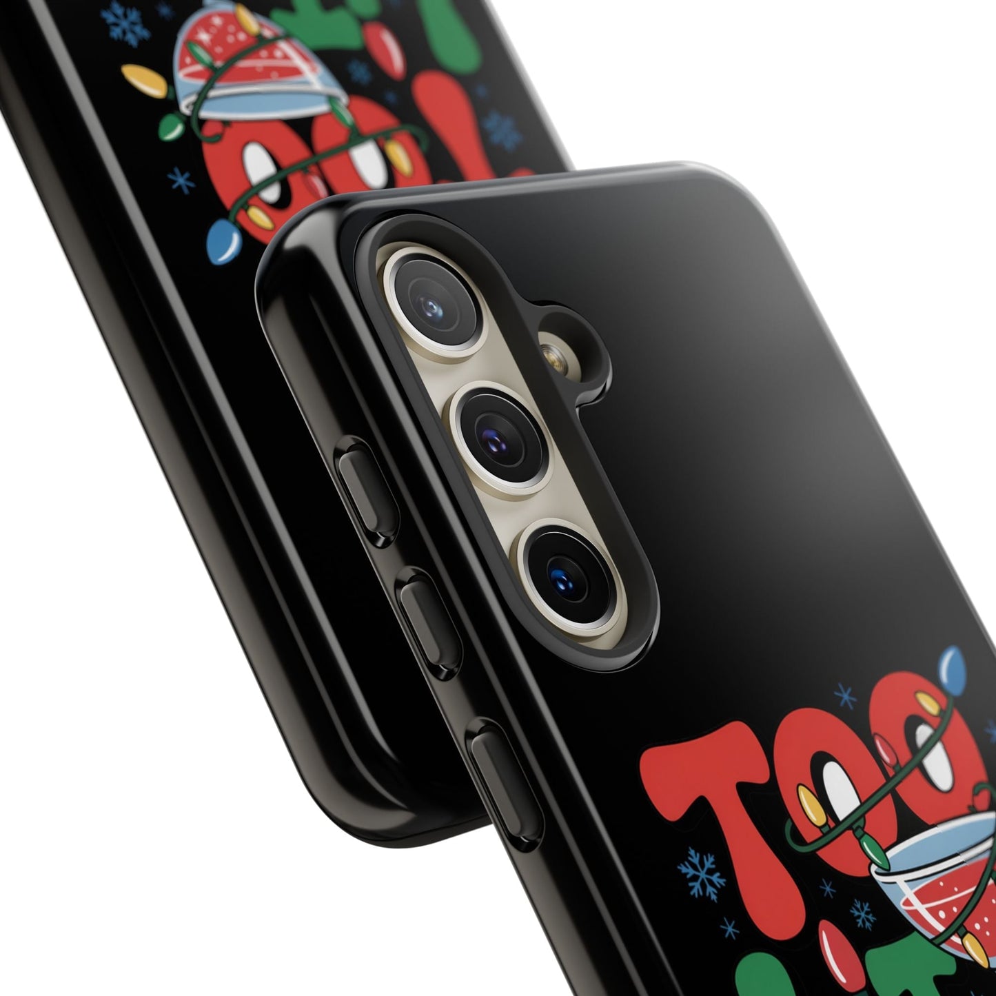 Holiday themed Samsung phone case with vibrant festive "Too Lit to Quit" design, durable and shock-resistant protection