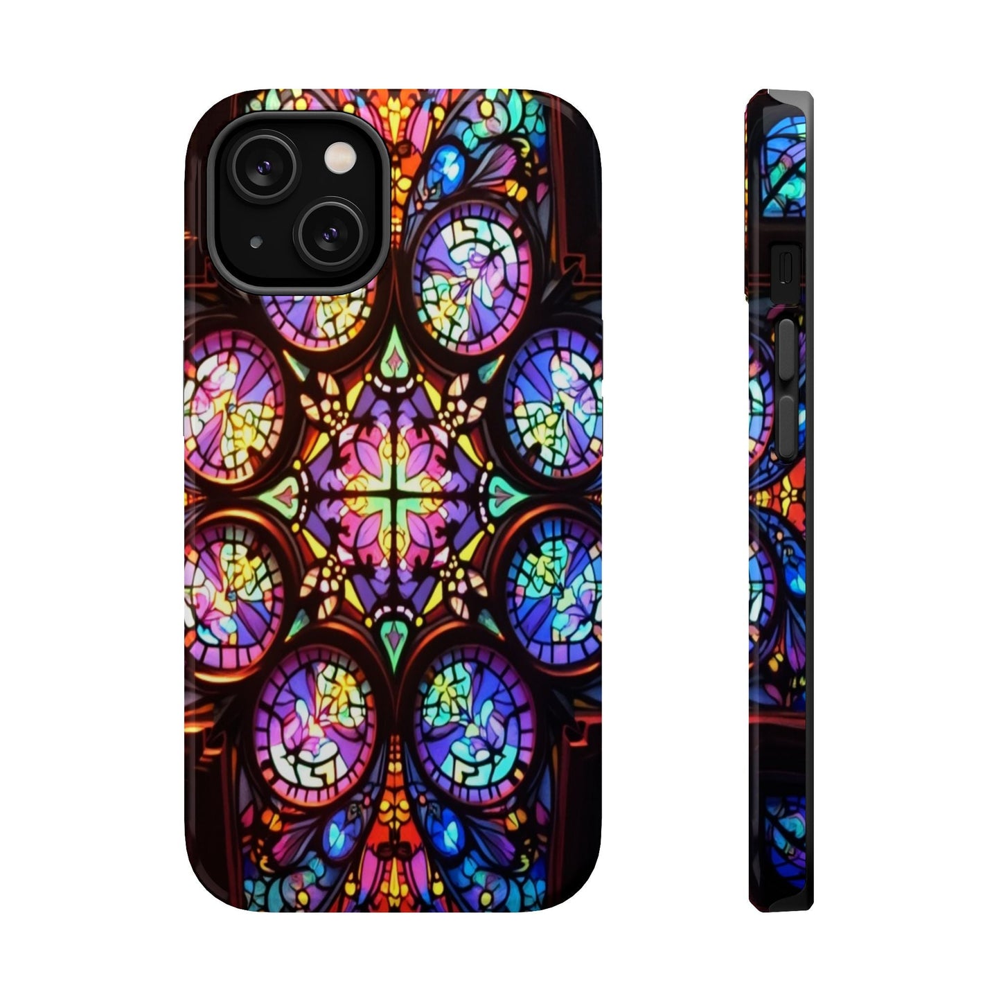 Colorful hypnotic stained glass design iPhone tough case with durable dual-layer protection and built-in MagSafe magnet