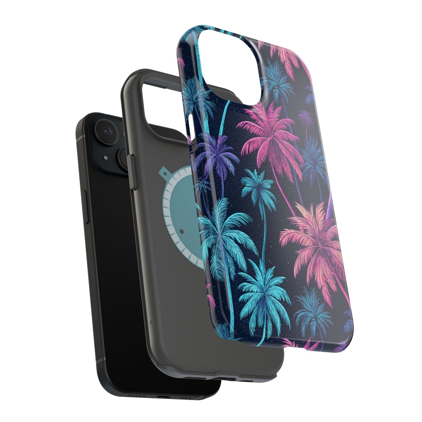 iPhone phone case with neon pink and blue palm tree design and MagSafe compatibility