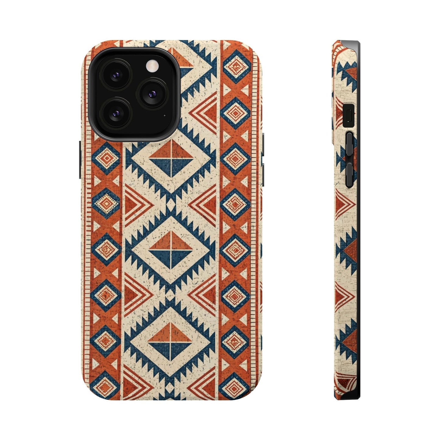 iPhone case with tribal inspired geometric pattern in red, blue, and beige, featuring magnetic tough dual-layer protection and matte finish