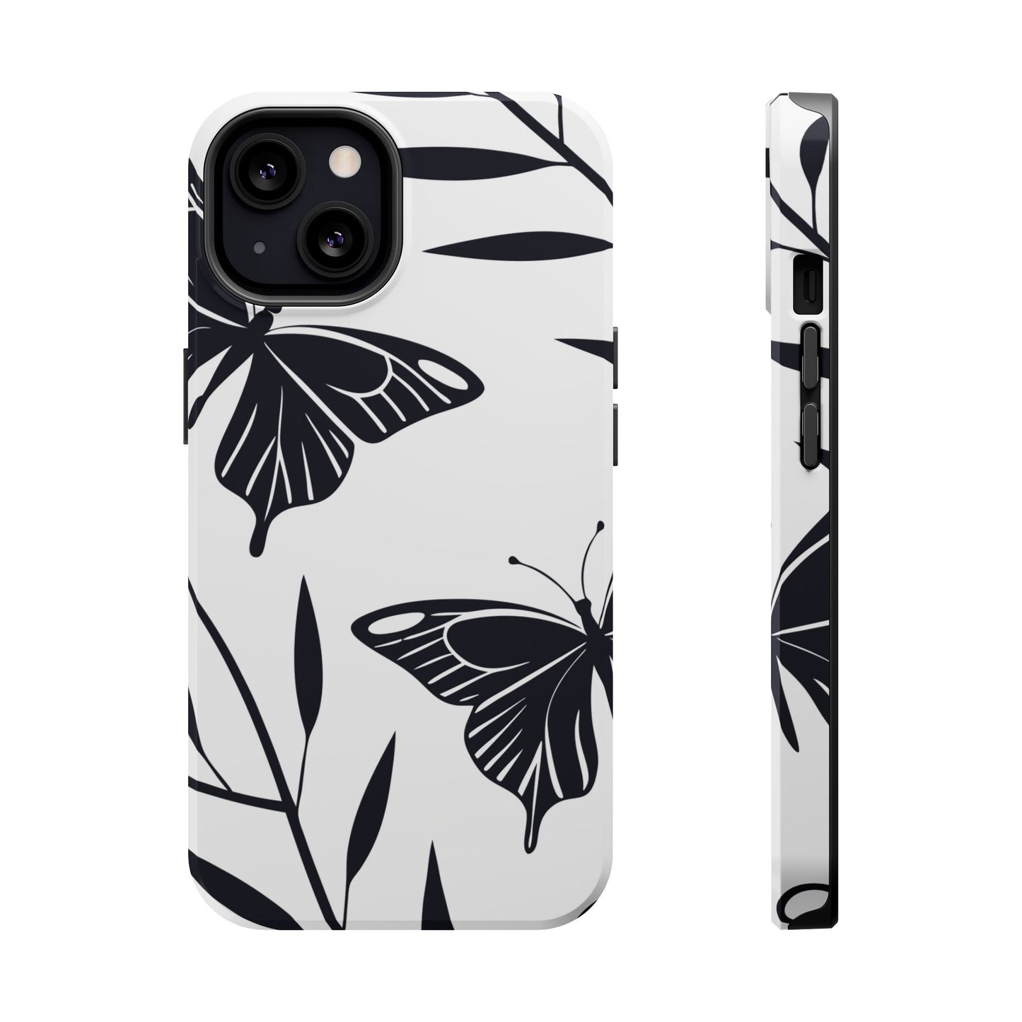 Black and white minimalist butterfly design iPhone case with dual layer protective cover and MagSafe compatibility