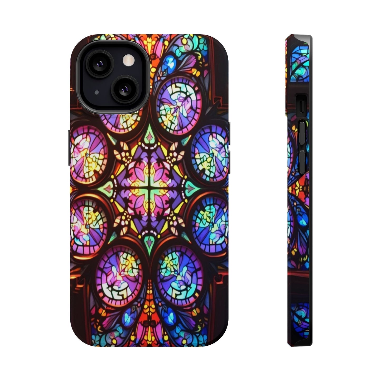 Colorful hypnotic stained glass design iPhone tough case with durable polycarbonate and TPU protection, MagSafe compatible, vibrant wrap-around print