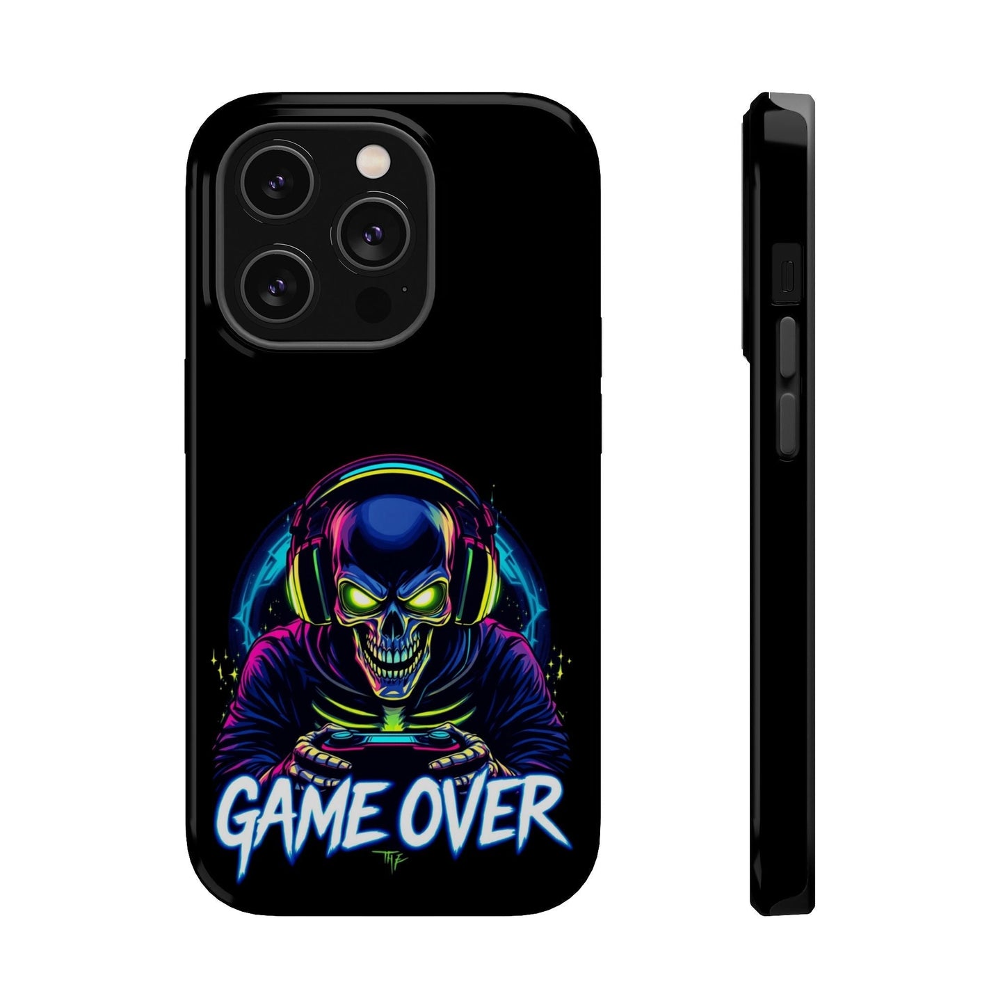 Game Over Gamer iPhone tough case with vibrant skull gamer design, durable dual-layer protection, and MagSafe compatibility.