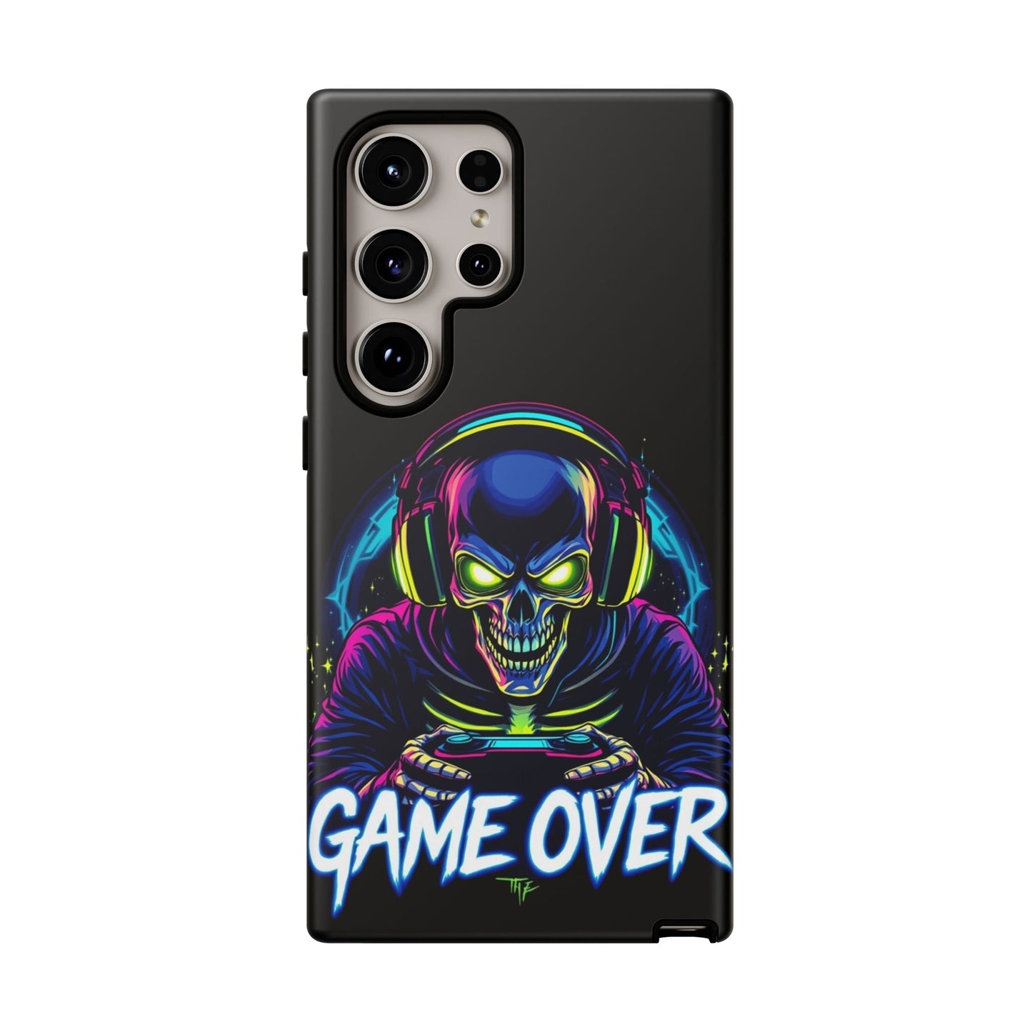 Samsung phone case with colorful "Game Over" skull gamer design, durable and impact-resistant protection for gamers and tech lovers
