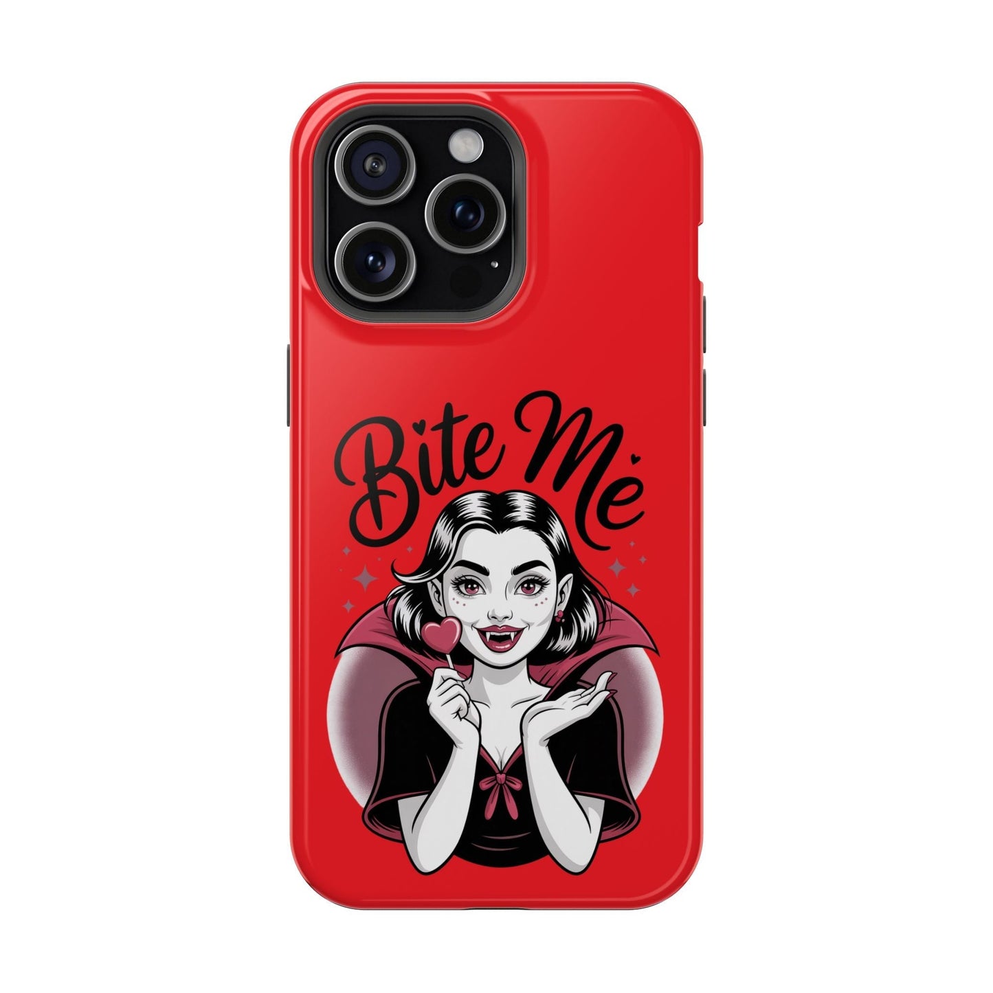 Red Halloween Vampire iPhone case with "Bite Me" text and vampire girl holding a heart-shaped lollipop, MagSafe compatible tough protective cover.