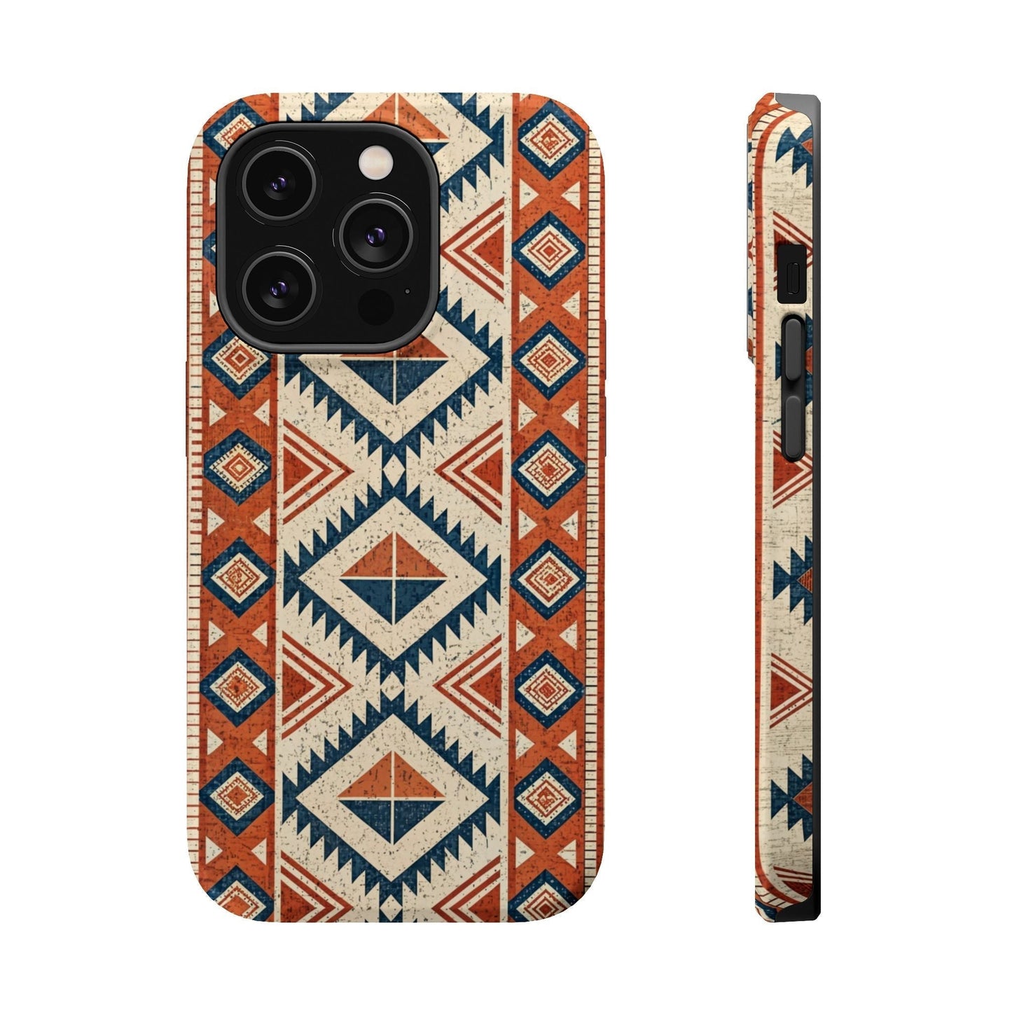 iPhone magnetic tough case with tribal inspired pattern in earthy tones, dual-layer protective design with matte or glossy finish
