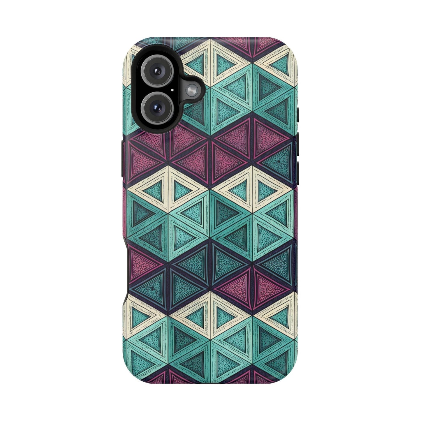 Purple and teal abstract geometric pattern tough iPhone case with MagSafe compatibility and dual-layer protection