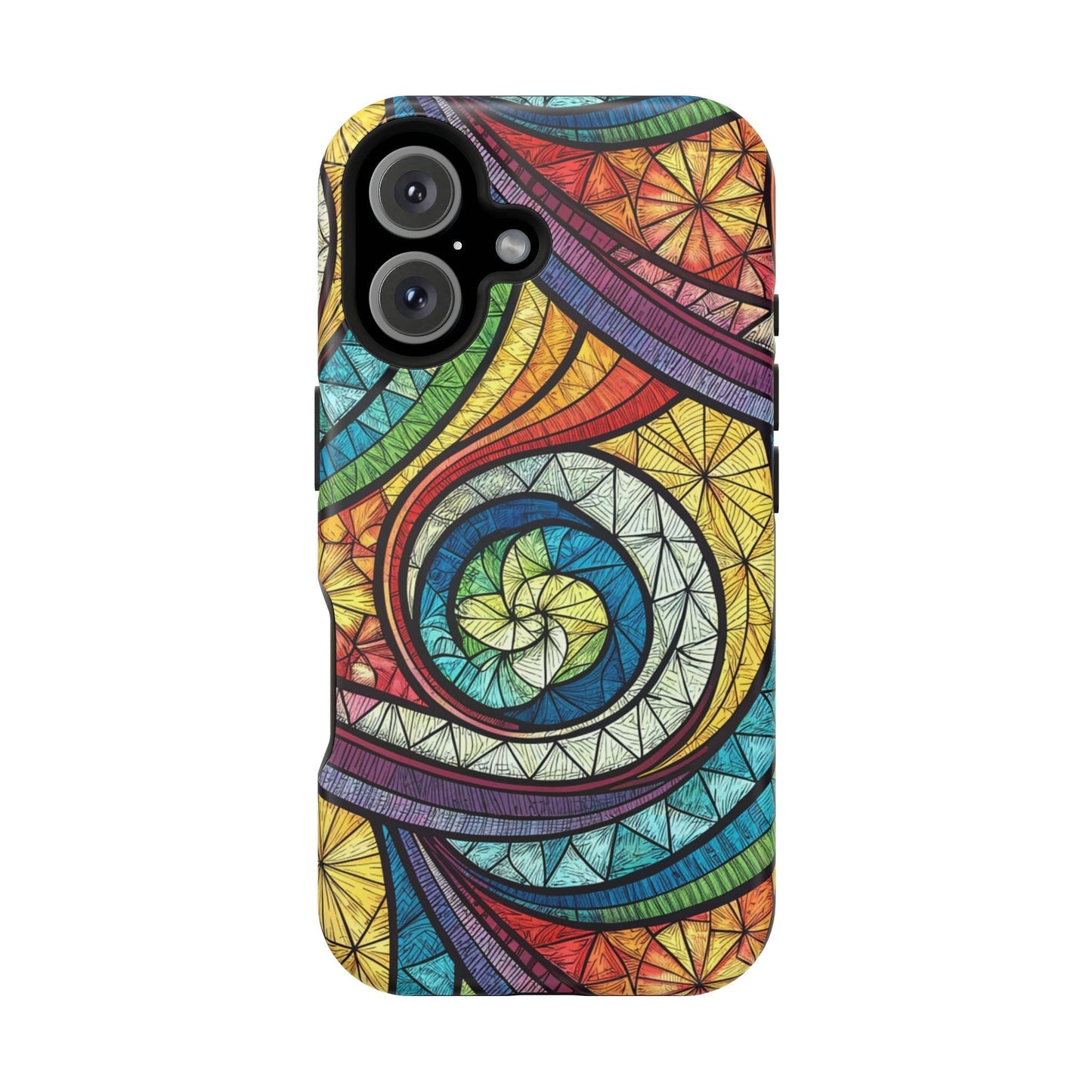 iPhone case with stained glass inspired rainbow swirl design and durable protective build