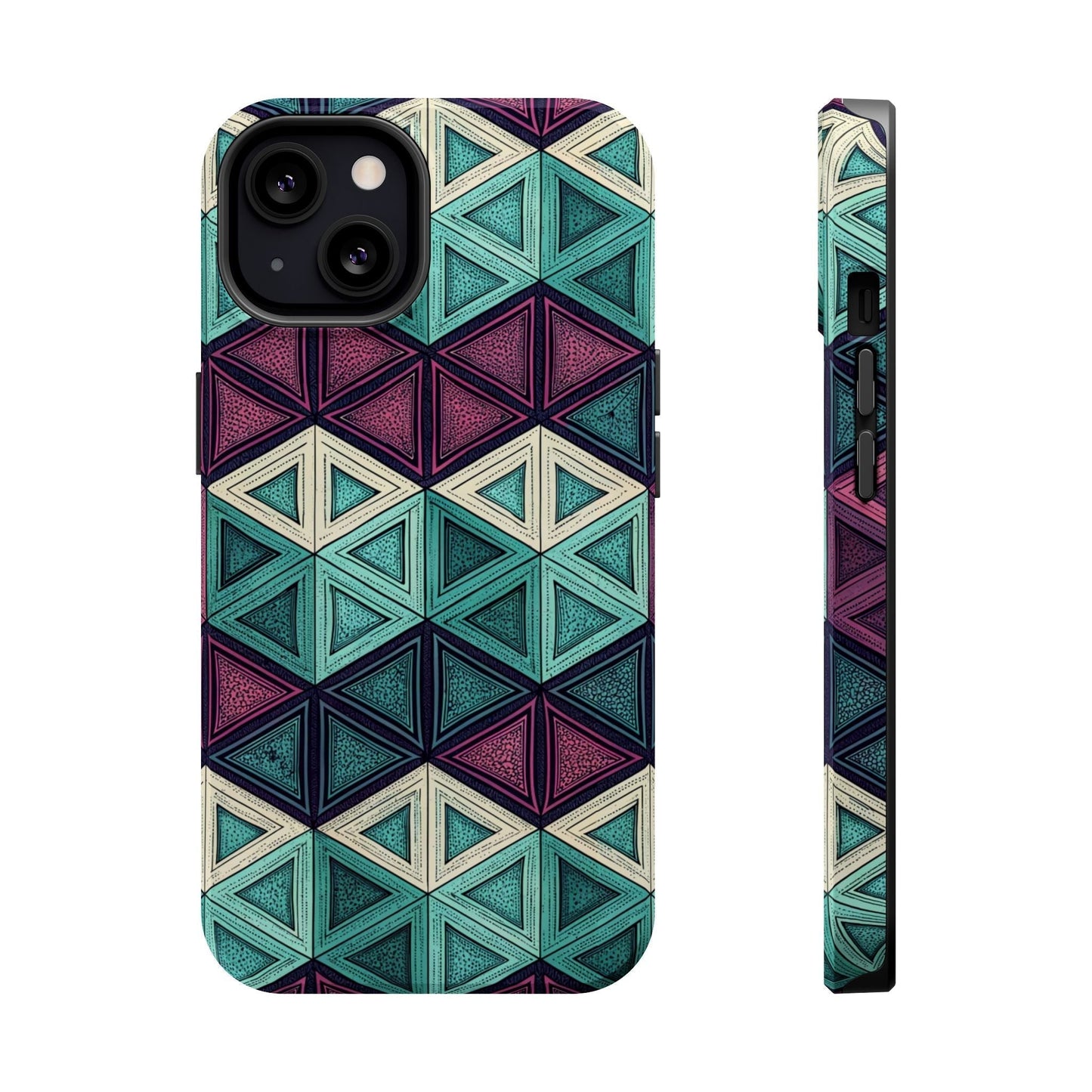 Purple and Teal Abstract magnetic iPhone tough case with geometric triangle pattern, durable dual-layer protection, and MagSafe compatibility.