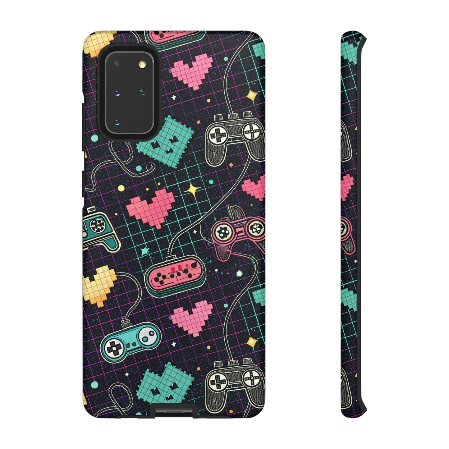 Retro gamer tough case for Samsung Galaxy with colorful pixelated game controllers and hearts design