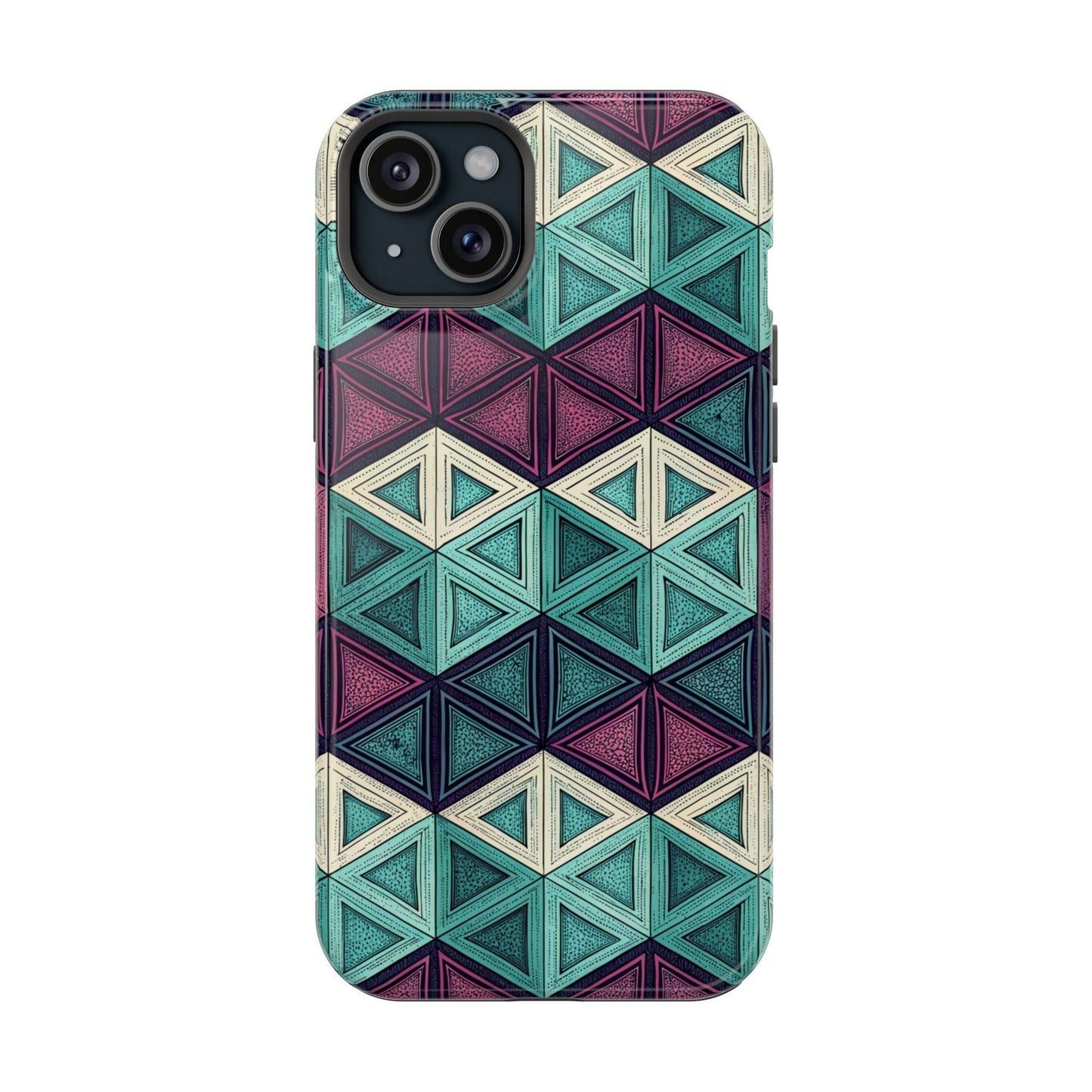 Purple and teal abstract geometric pattern iPhone tough case with MagSafe compatibility and dual-layer protection