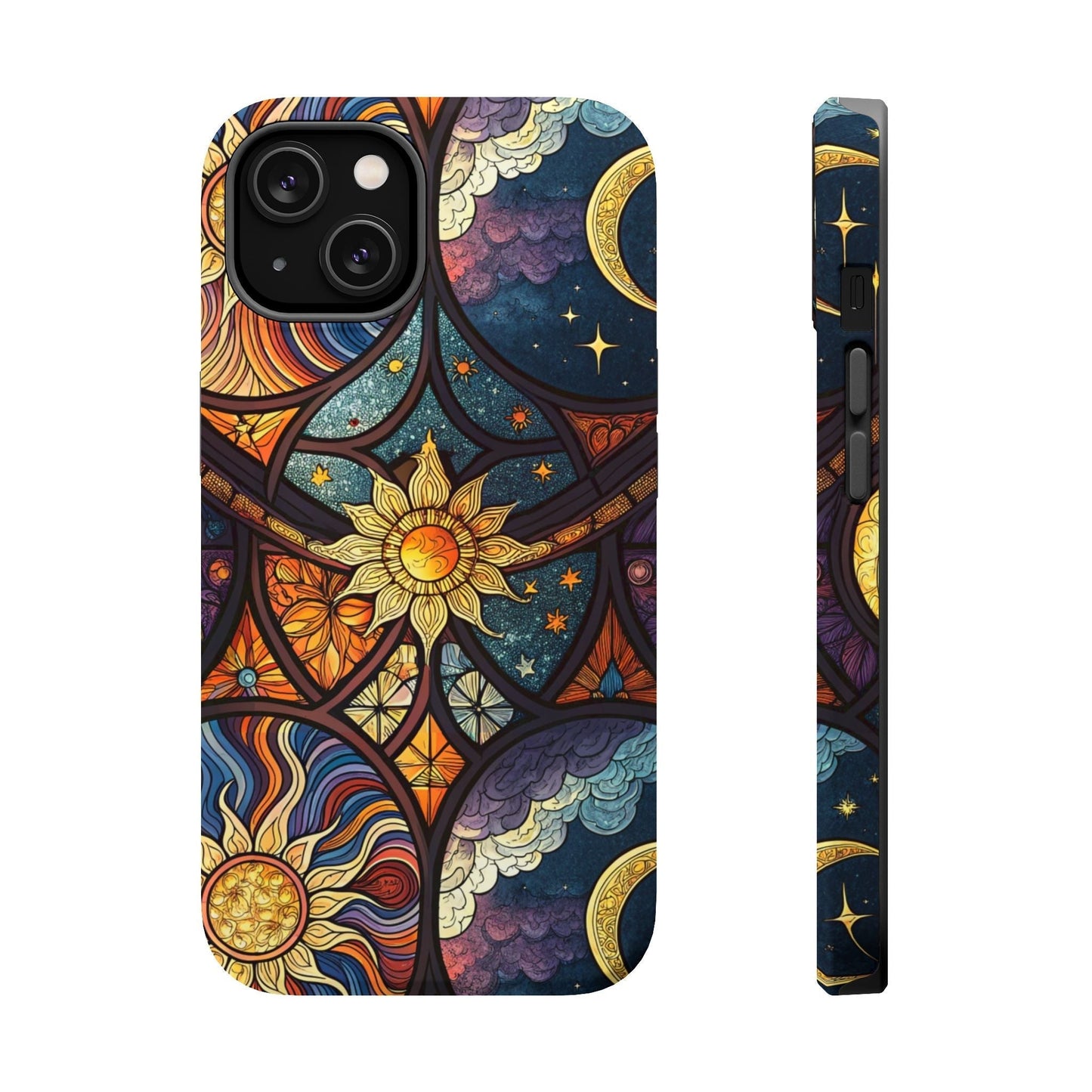 Sun and Moon iPhone case with vibrant celestial design, dual-layer protection, and MagSafe compatibility in matte or glossy finish