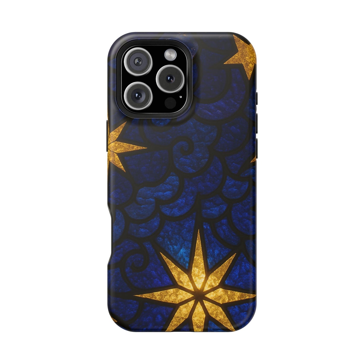 iPhone tough case with golden star design on blue background, durable and MagSafe compatible