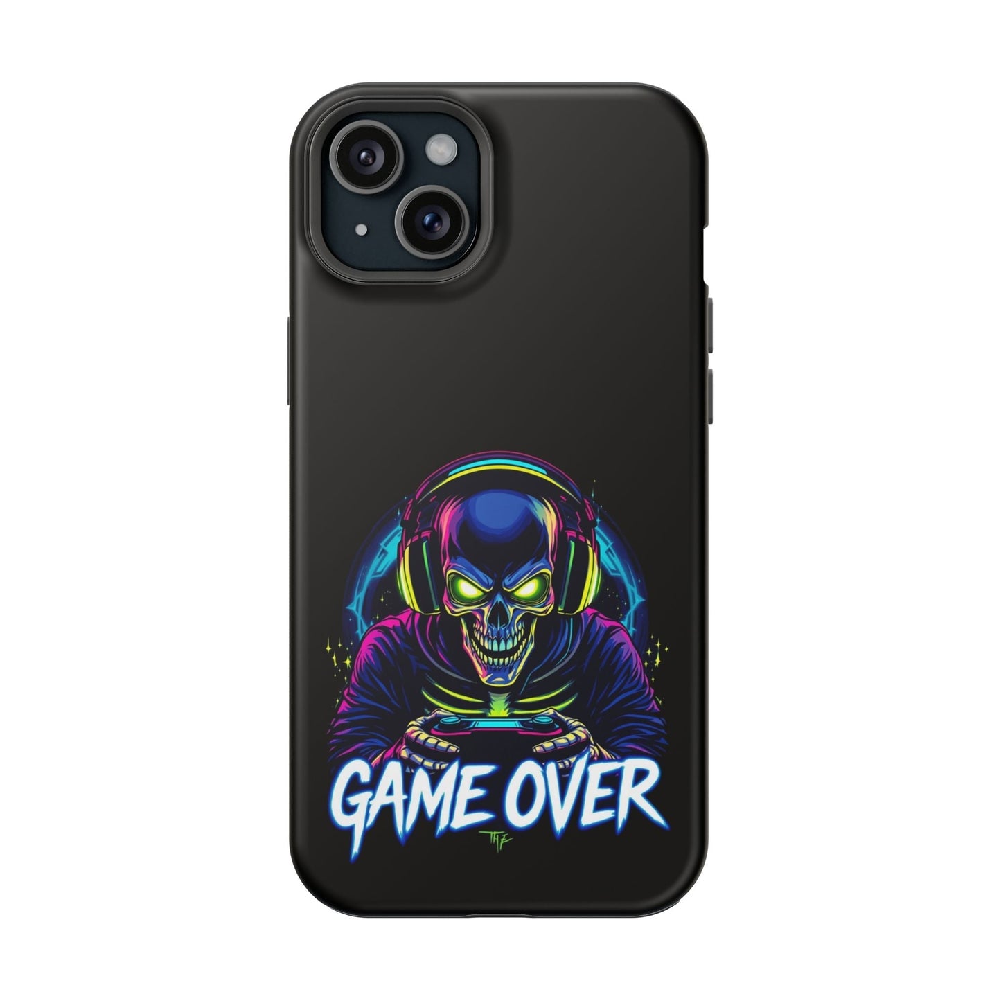 Game Over Gamer iPhone tough case with vibrant skull gamer design and MagSafe compatibility