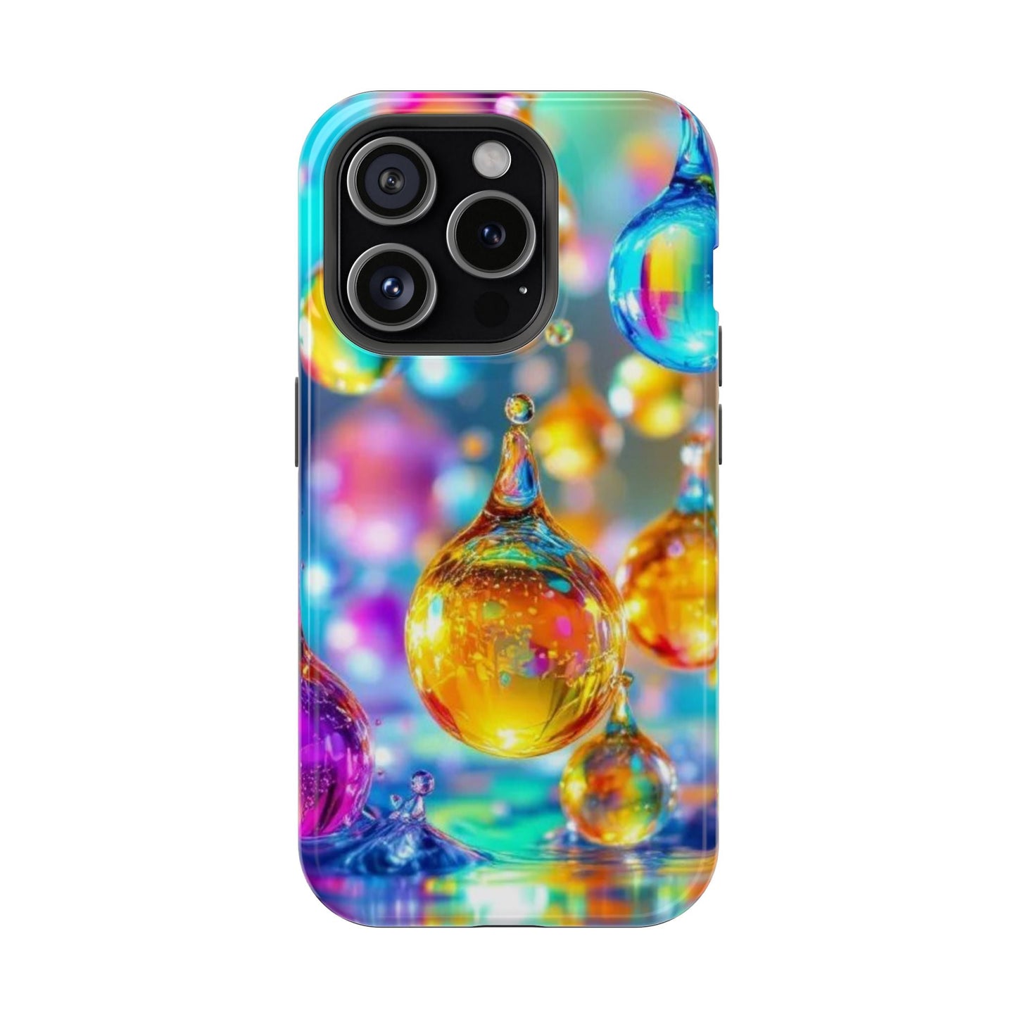 iPhone tough case with vibrant golden raindrop design and colorful glossy finish