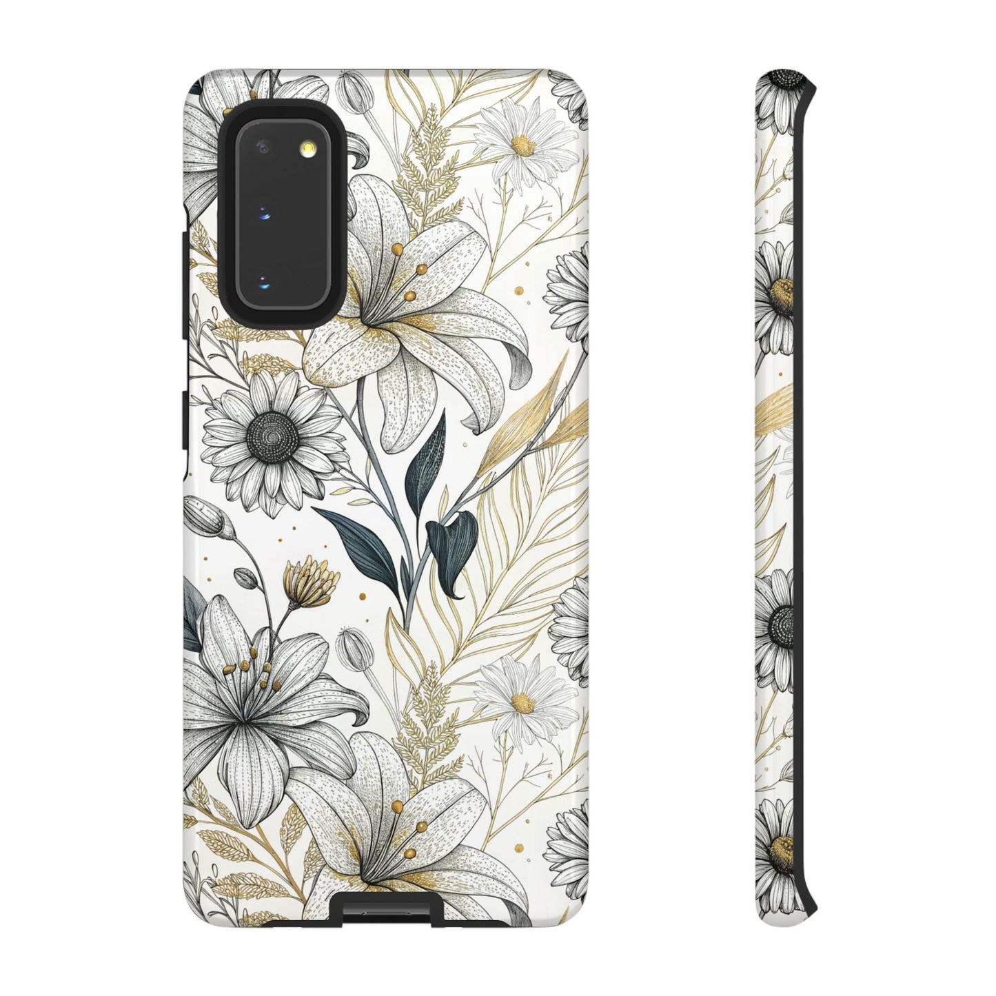 Samsung tough phone case with golden leaf minimalist floral design and durable protection