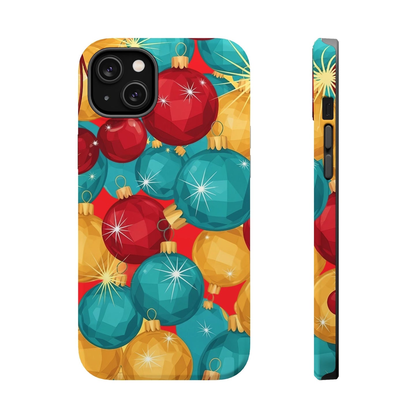 iPhone case with colorful Christmas tree sparkle bulbs design, durable polycarbonate, MagSafe compatible, festive holiday phone cover