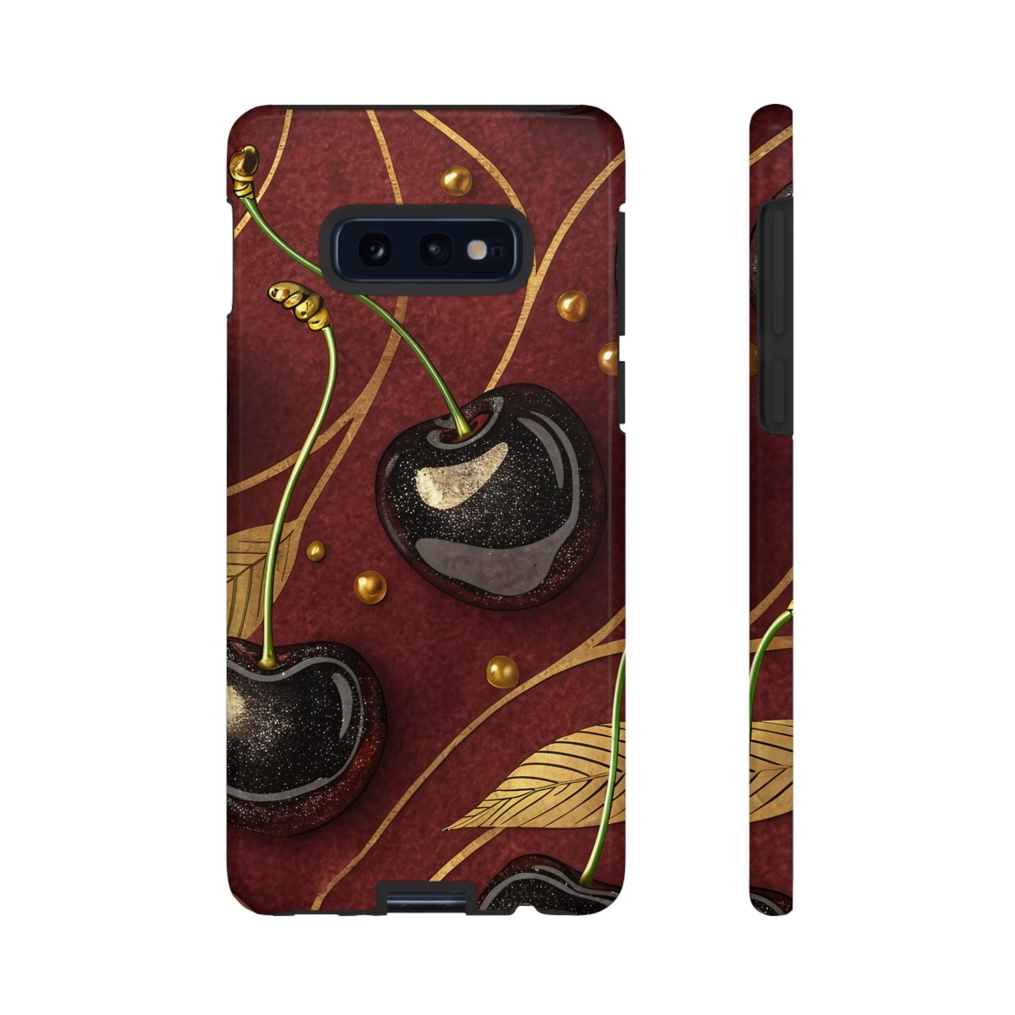 Golden cherry design Samsung tough phone case with durable protection and stylish 3D print on dark red background