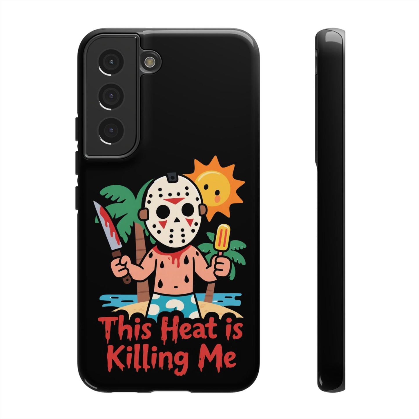 Samsung phone case with "This Heat is Killing Me" Summerween design featuring a cartoon horror mask character holding a knife and popsicle under the sun, durable and shock-resistant for Galaxy S series models