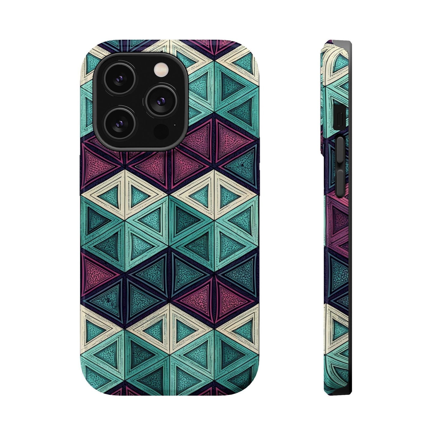 Purple and teal abstract geometric magnetic iPhone tough case with dual-layer protection and MagSafe compatibility