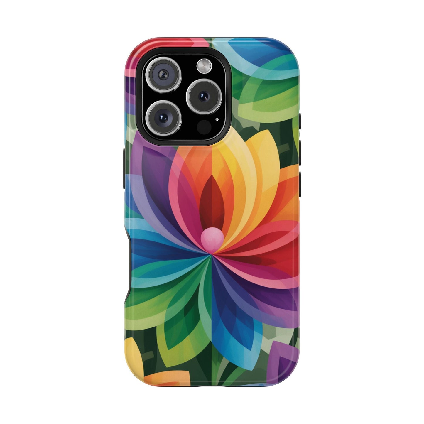 Rainbow Flower iPhone Case with vibrant multi-color floral design and MagSafe compatibility