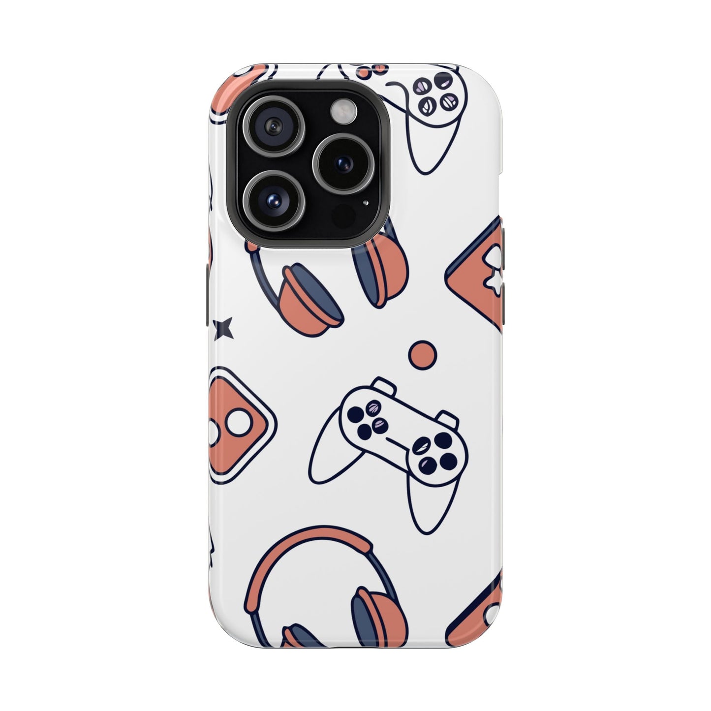 Gamer iPhone tough case with colorful gaming controllers and headphones design, durable polycarbonate protection, compatible with MagSafe accessories