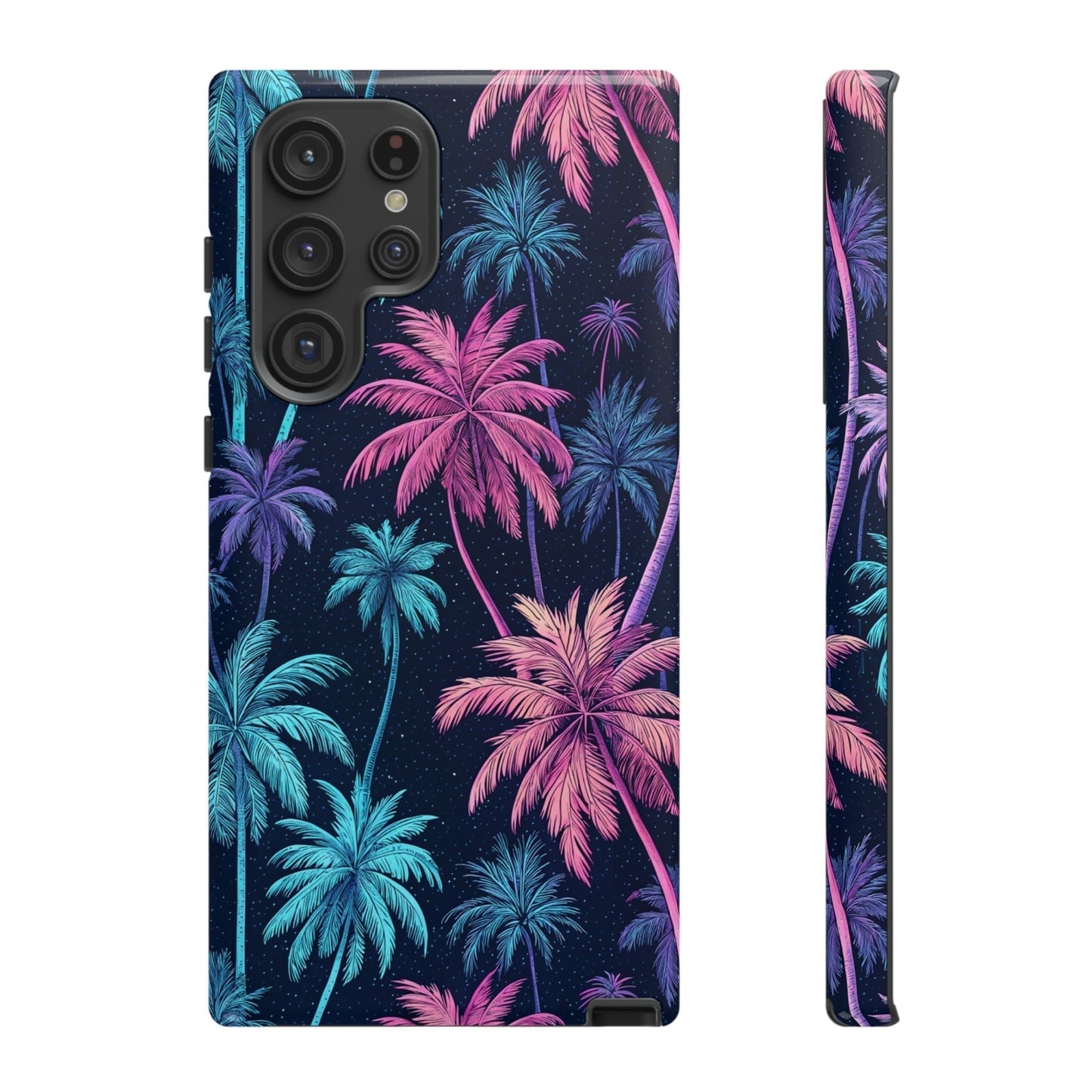 Neon Palm Tree Phone Case with vibrant glowing pink and blue palm trees on a dark background for Samsung Galaxy phones.