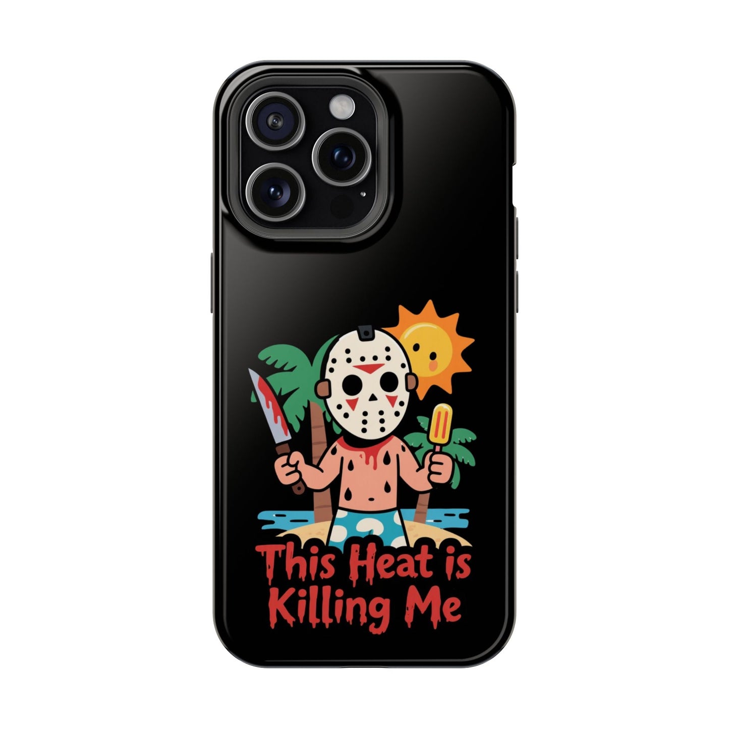 Funny summer-themed iPhone case with "This Heat is Killing Me" text and cartoon character holding popsicle and knife on black background, MagSafe compatible.