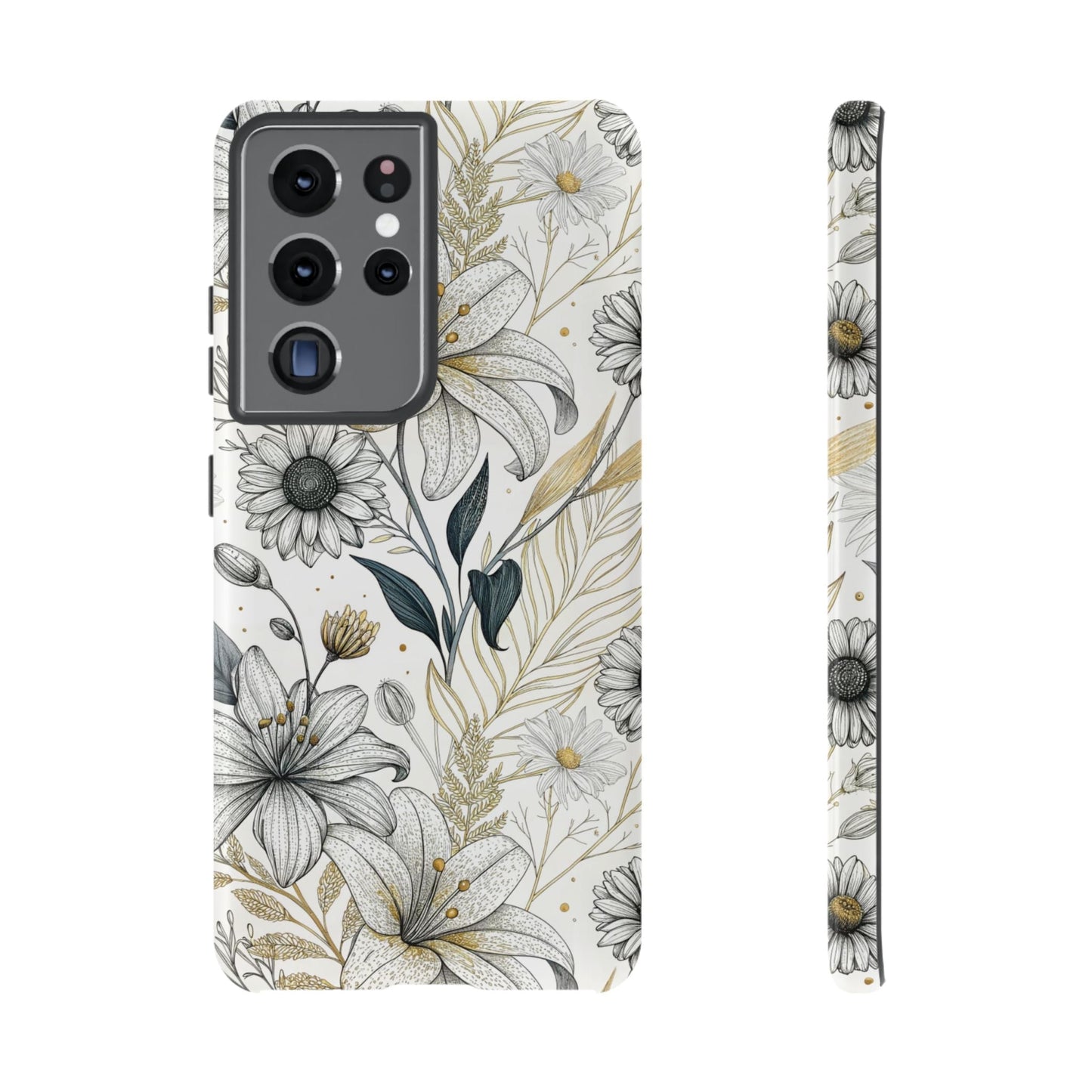 Samsung tough case with minimalist golden leaf and floral design, providing durable drop protection and stylish look.