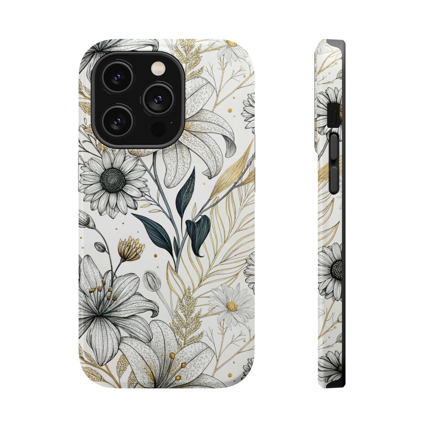 Golden Leaf Flower tough iPhone case with modern minimalist floral design and MagSafe compatibility