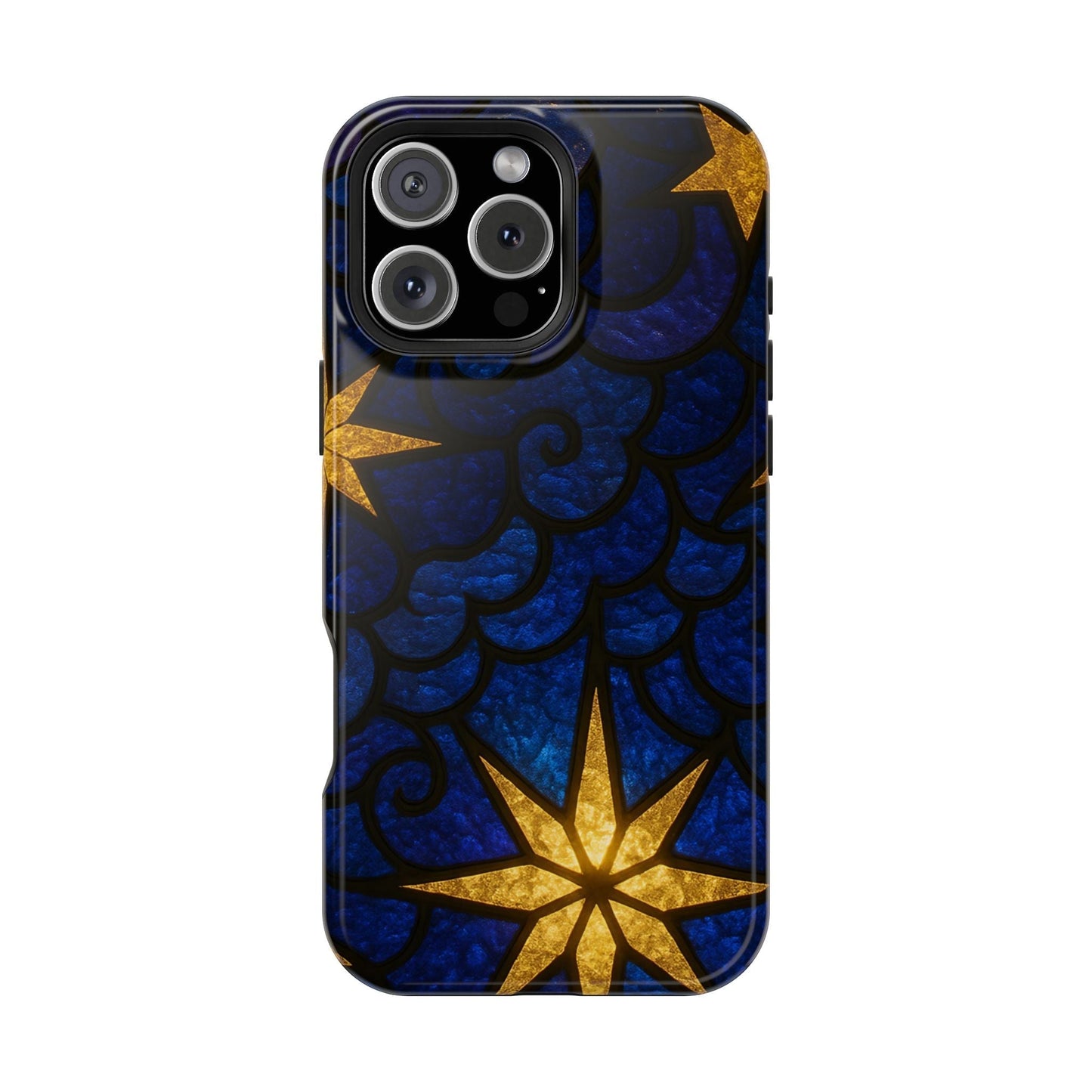 iPhone tough case with golden star design on dark blue background, MagSafe compatible, durable protective cover with glossy finish