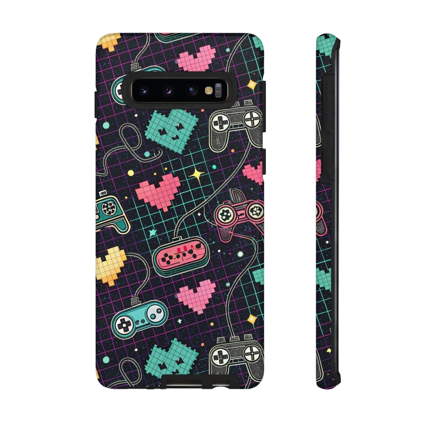 Retro gamer tough case for Samsung Galaxy with colorful pixelated game controllers and hearts design, durable and impact-resistant phone protection.