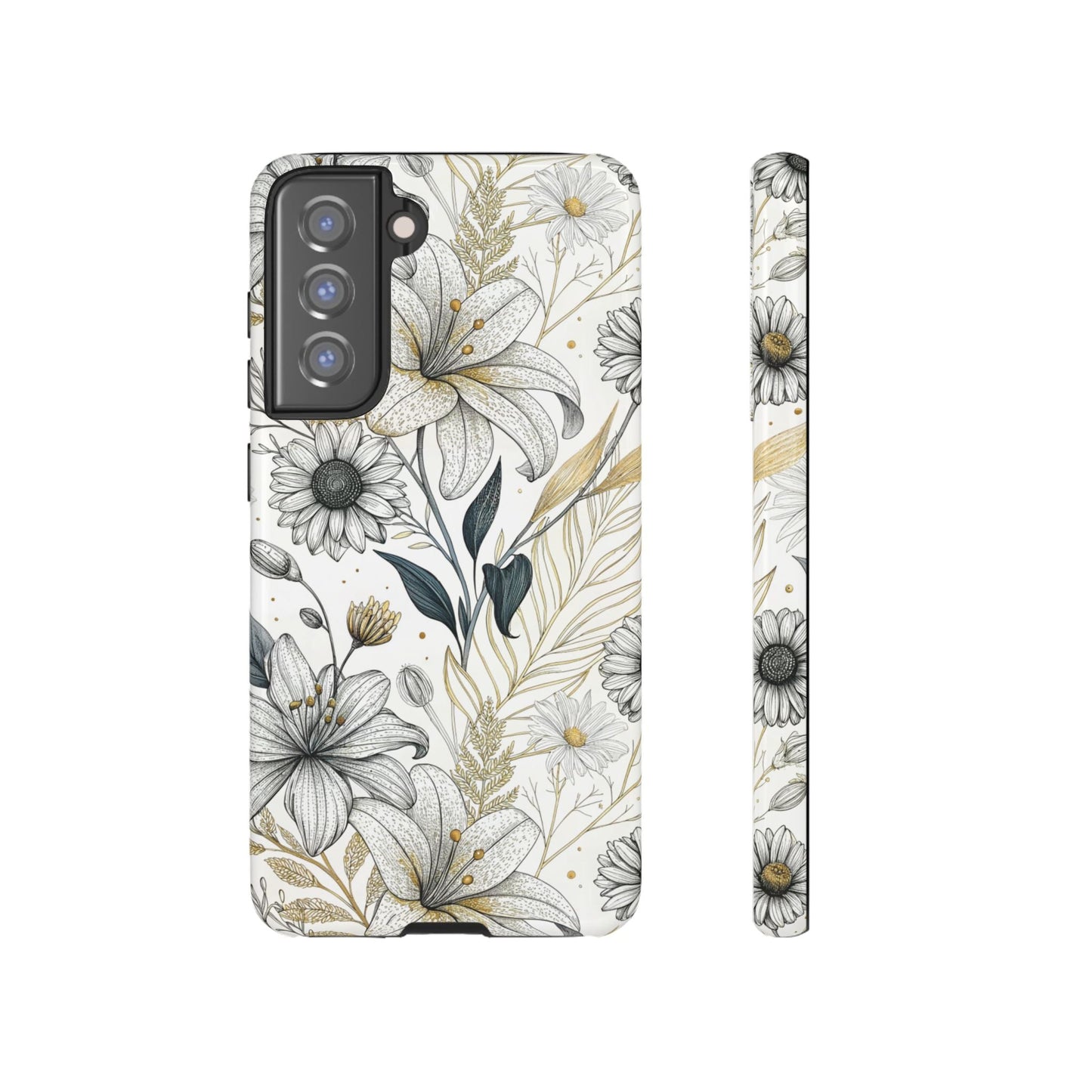 Samsung tough case with golden leaf minimalist floral design, durable protective phone cover for Galaxy S series.