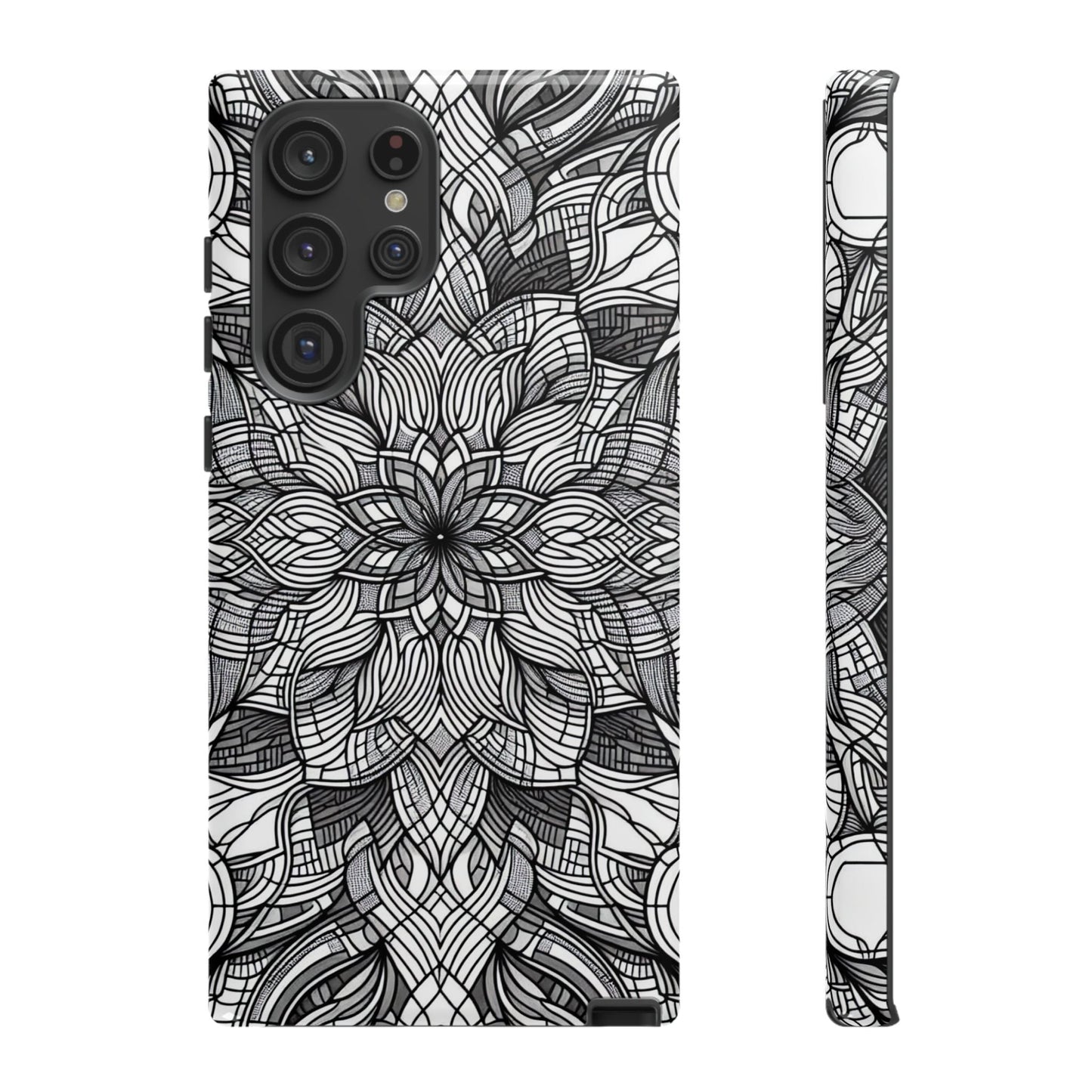 Black and white intricate floral art design Samsung tough phone case with full protection for Galaxy models